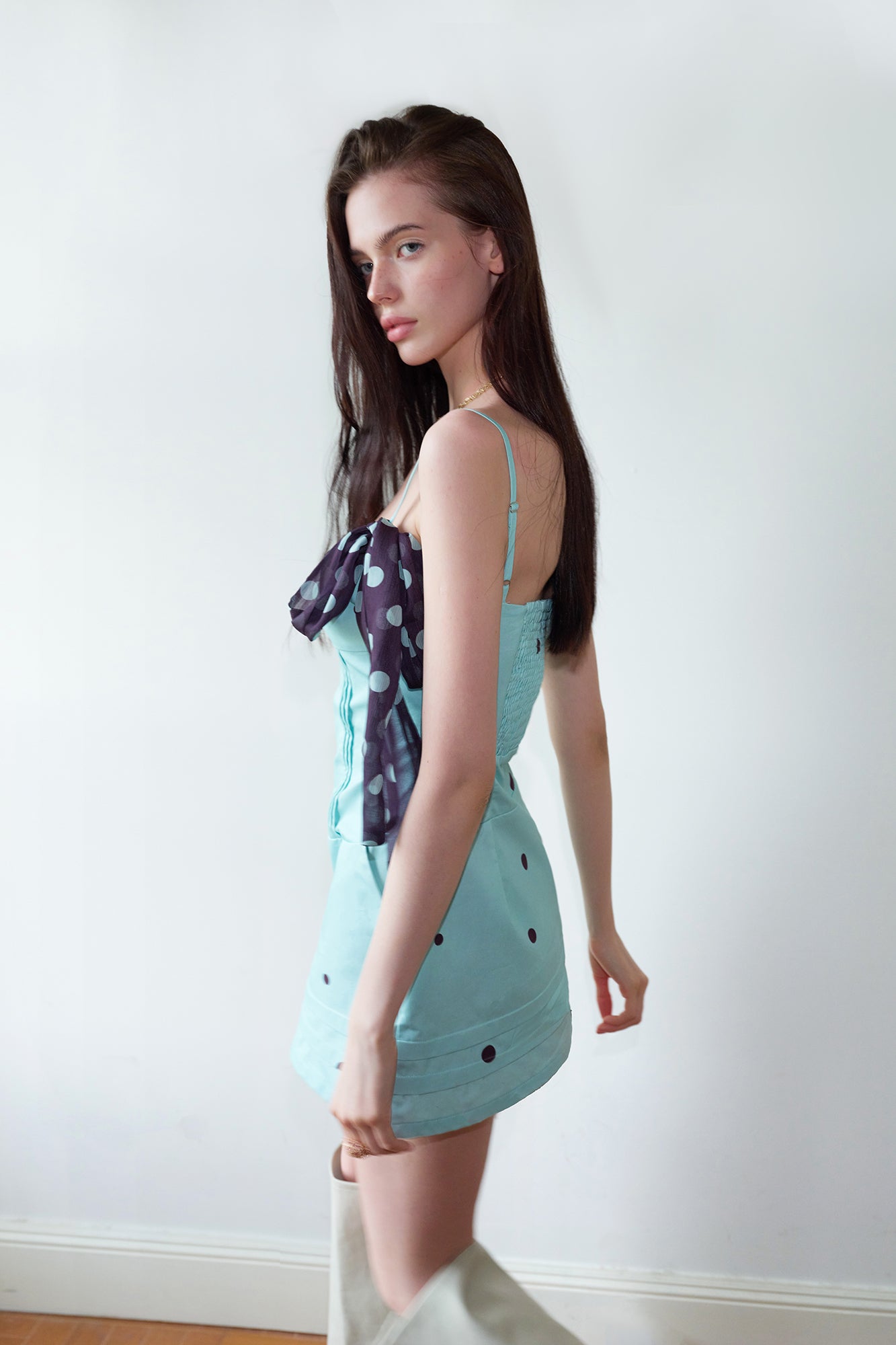 THE NEVERMORE Paneled Polka Dot Zip-Front Mini Dress