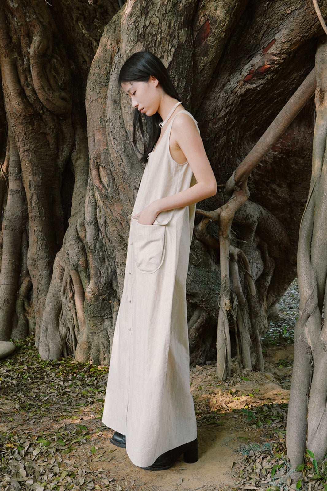 CAIRA Utility Pocket Button-Front Maxi Dress