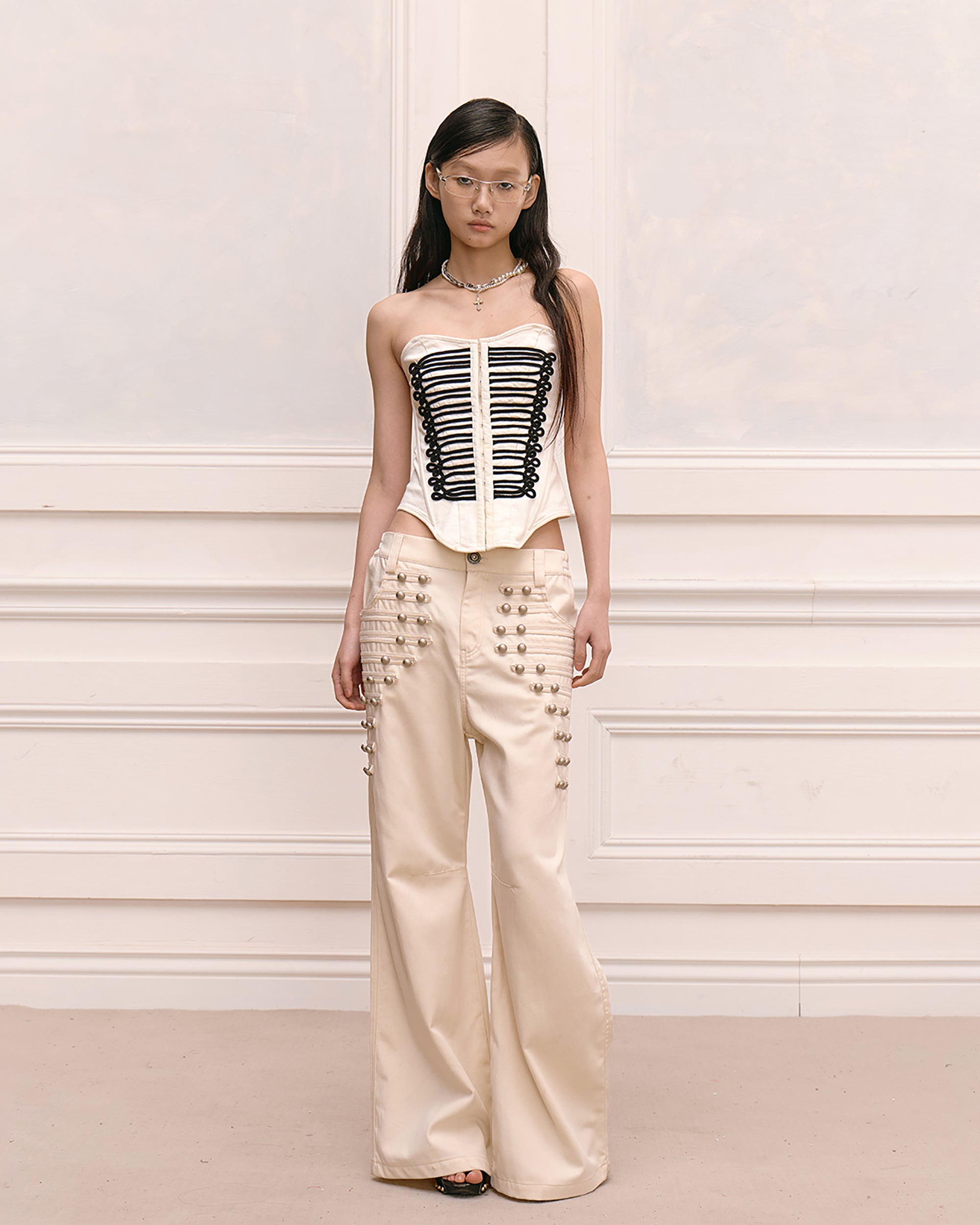 FAYCHUI Retro Metal Studded Wide-Leg Trousers