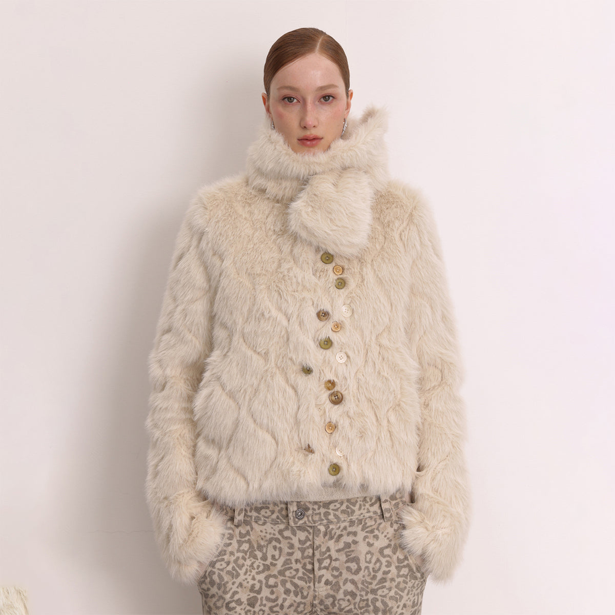 FAYCHUI Multi-Button Embossed Faux Fur Jacket