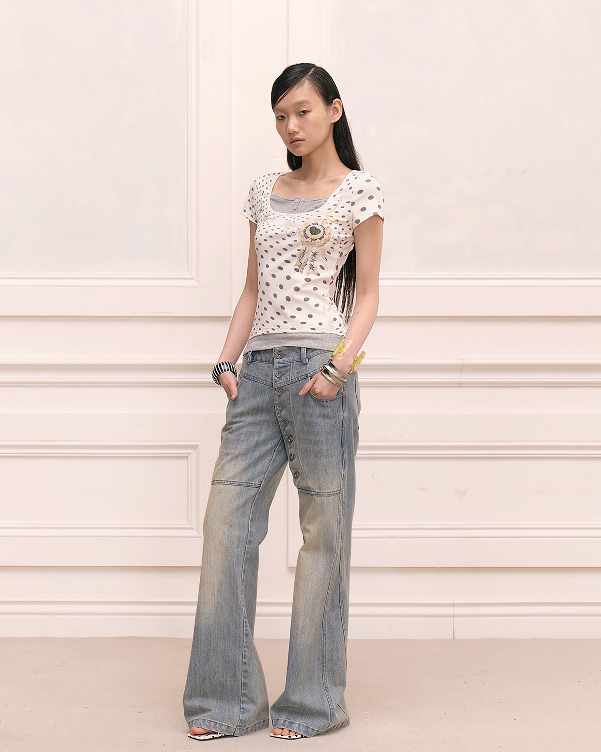 FAYCHUI Retro Polka Dot Faux-Layer Slim Tee