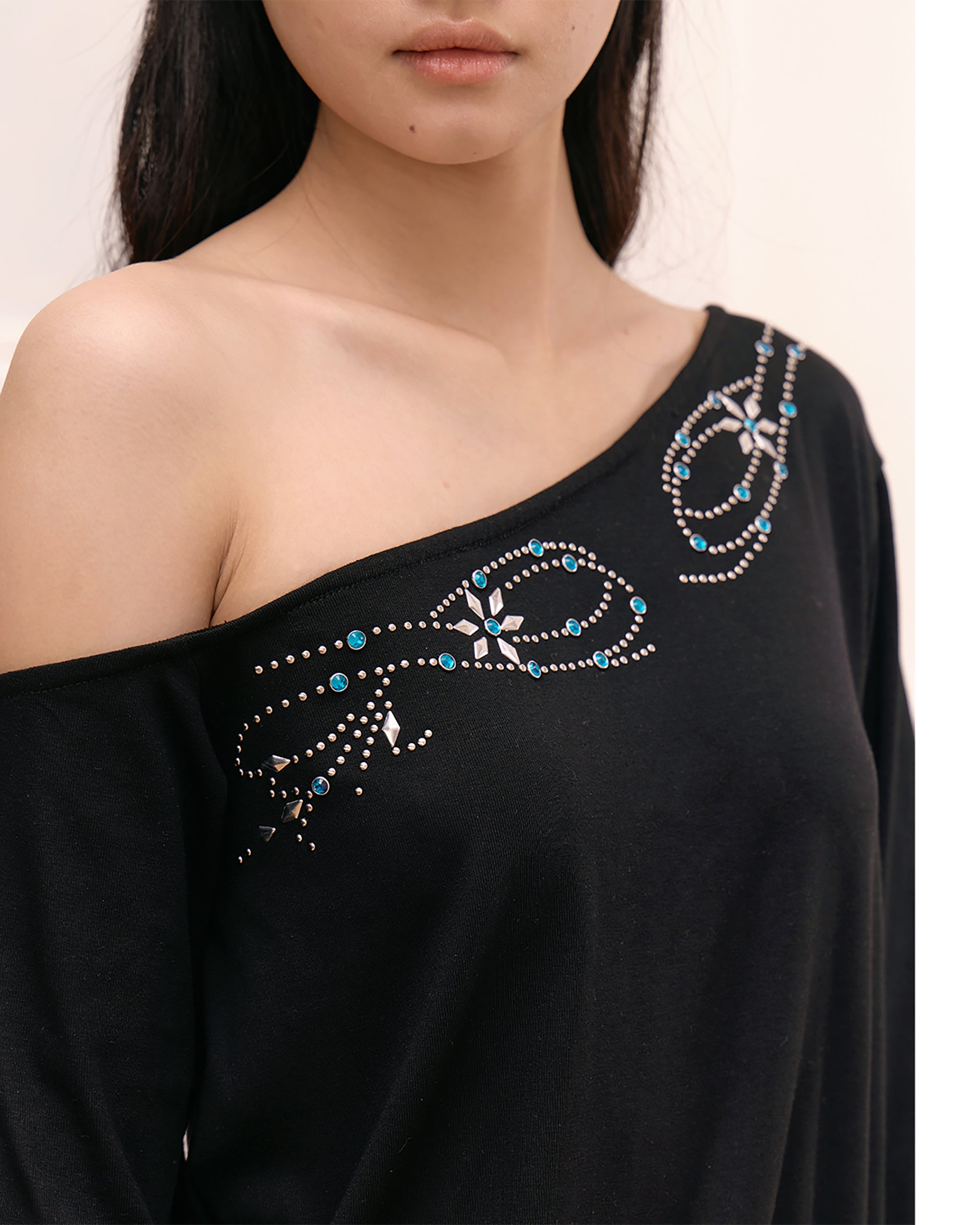 FAYCHUI Off-Shoulder Rhinestone Print Long-Sleeve Dress