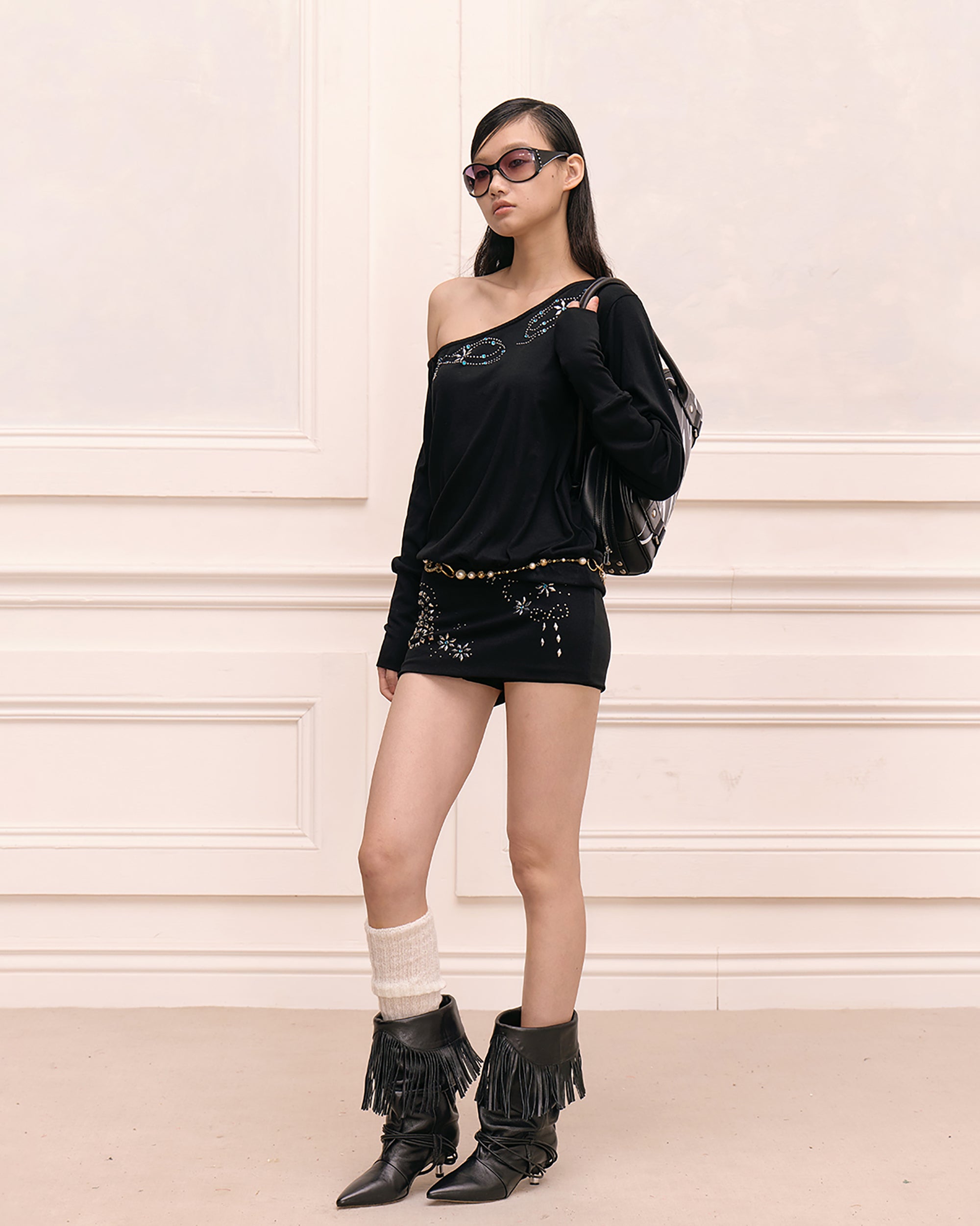 FAYCHUI Off-Shoulder Rhinestone Print Long-Sleeve Dress