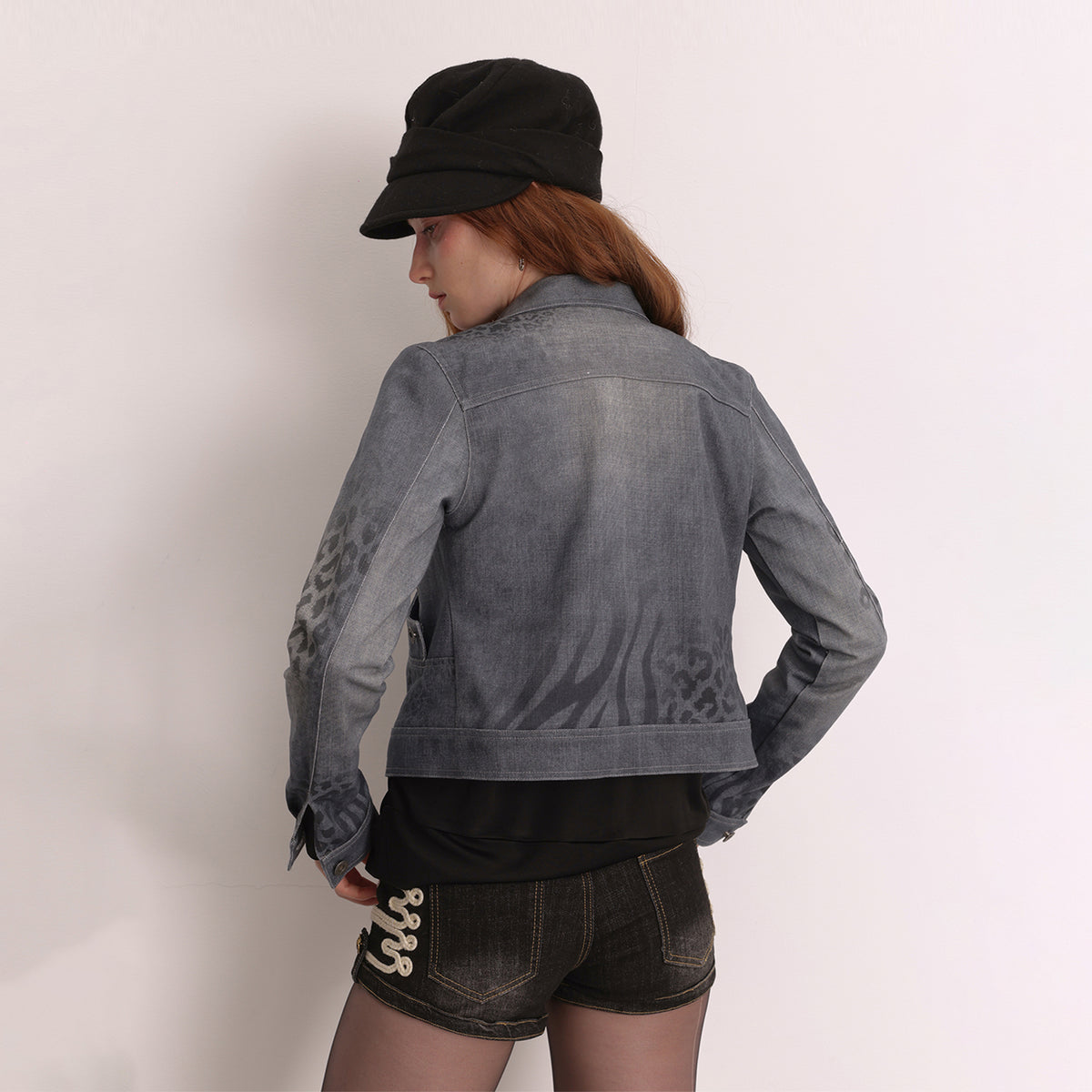 FAYCHUI Retro Washed Leopard-Print Cotton Denim Jacket