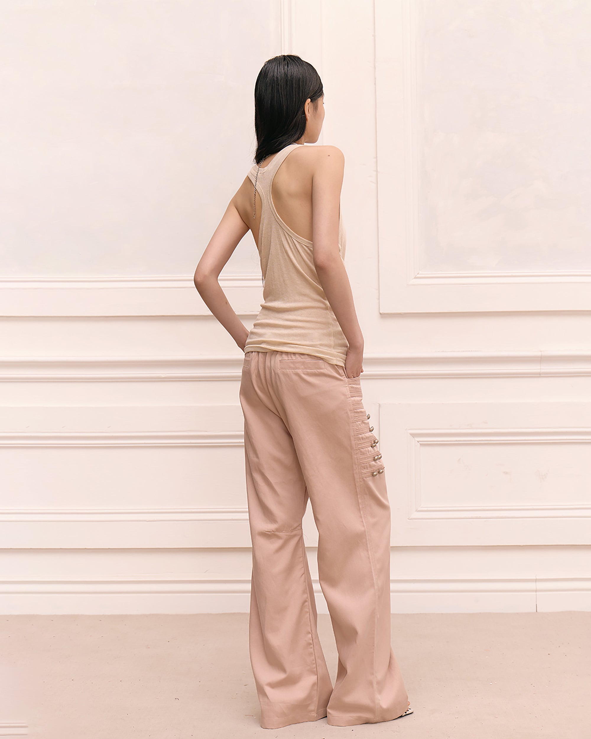 FAYCHUI Retro Metal Studded Wide-Leg Trousers