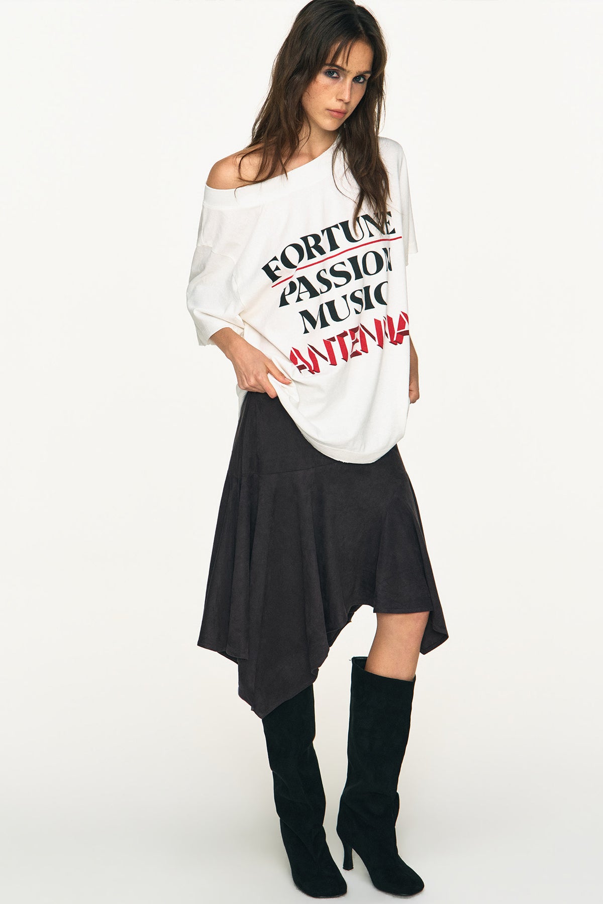 ANTENNA EFFECT Retro Asymmetrical Low-Rise Midi Skirt