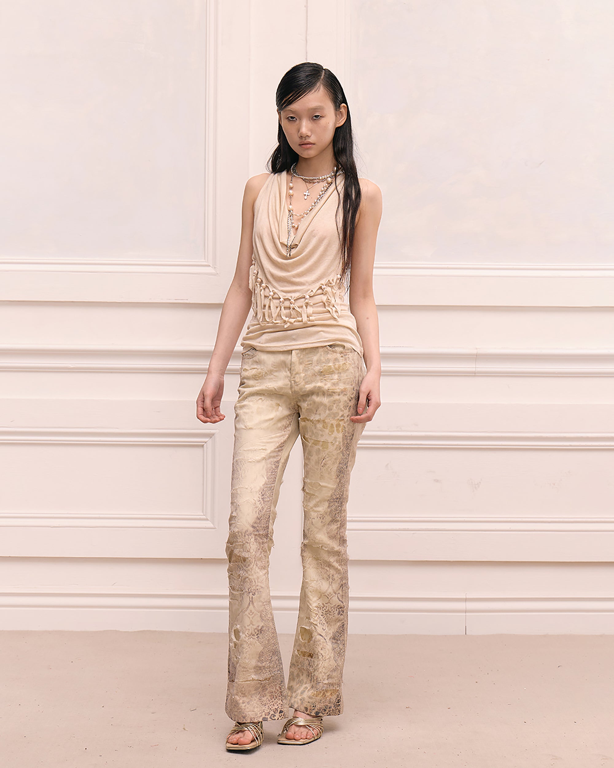 FAYCHUI Wool-Blend Pearl Fringe Drape Top