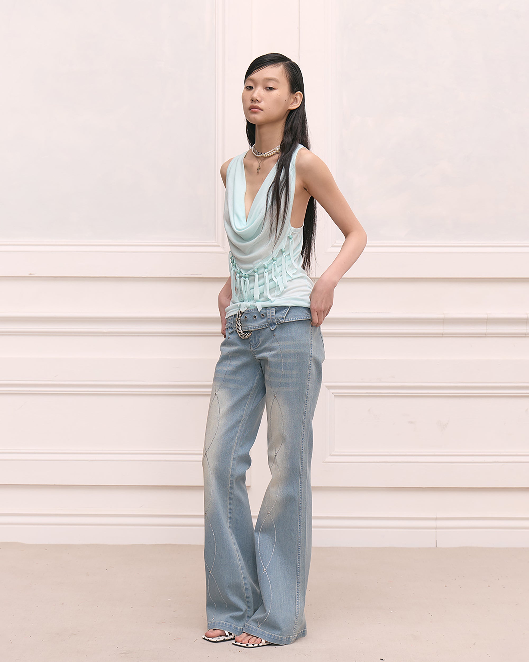 FAYCHUI Wool-Blend Pearl Fringe Drape Top