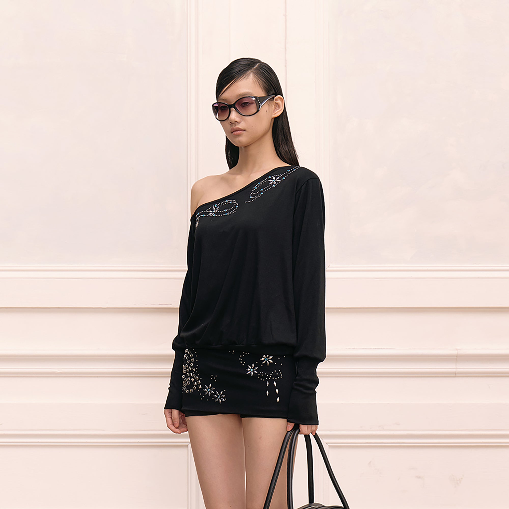 FAYCHUI Off-Shoulder Rhinestone Print Long-Sleeve Dress