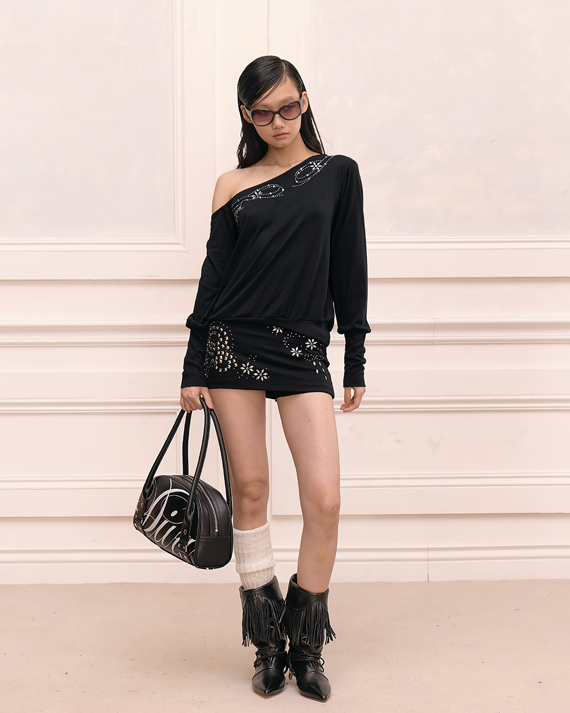FAYCHUI Off-Shoulder Rhinestone Print Long-Sleeve Dress