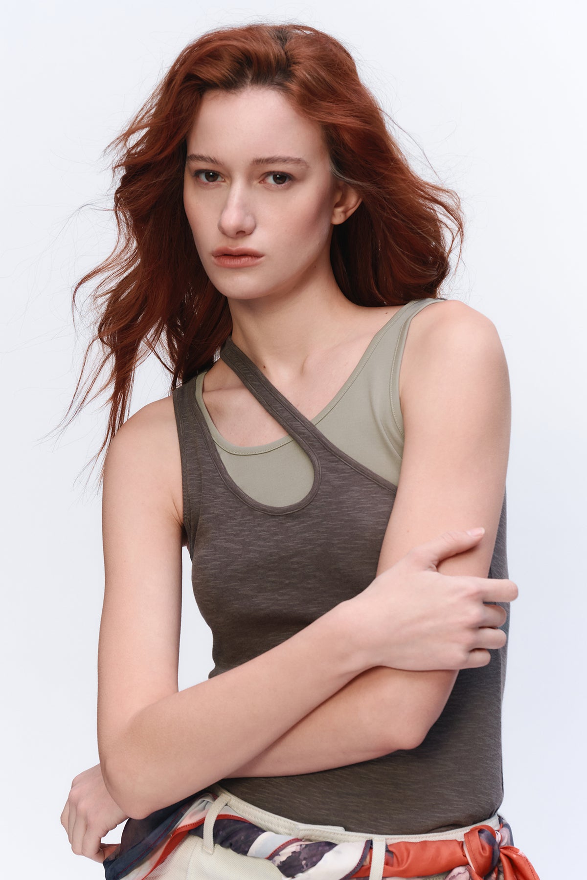 AURA LAND Deconstructed Contrast-Print Layered Tank Top