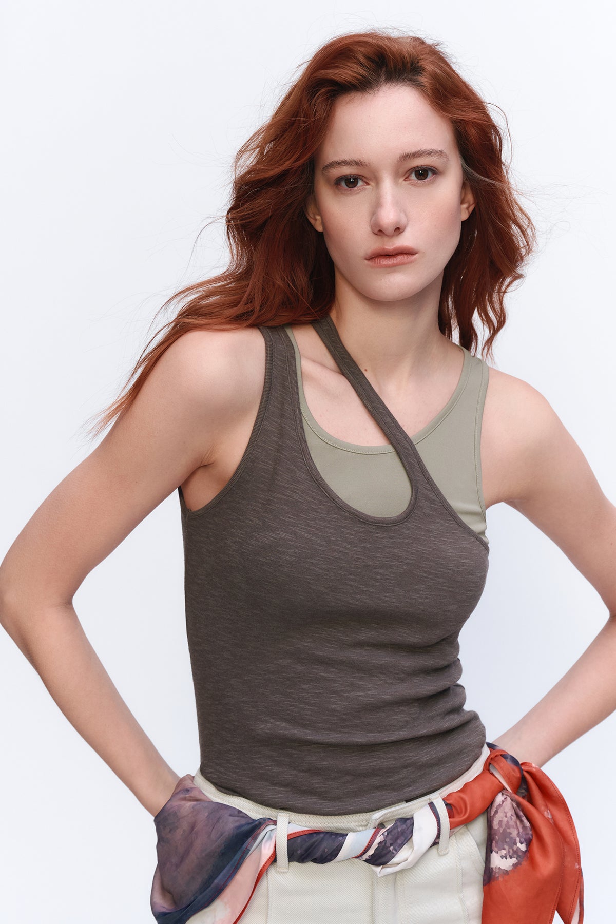 AURA LAND Deconstructed Contrast-Print Layered Tank Top