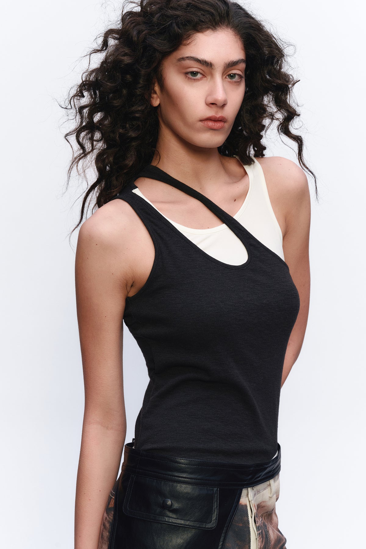 AURA LAND Deconstructed Contrast-Print Layered Tank Top