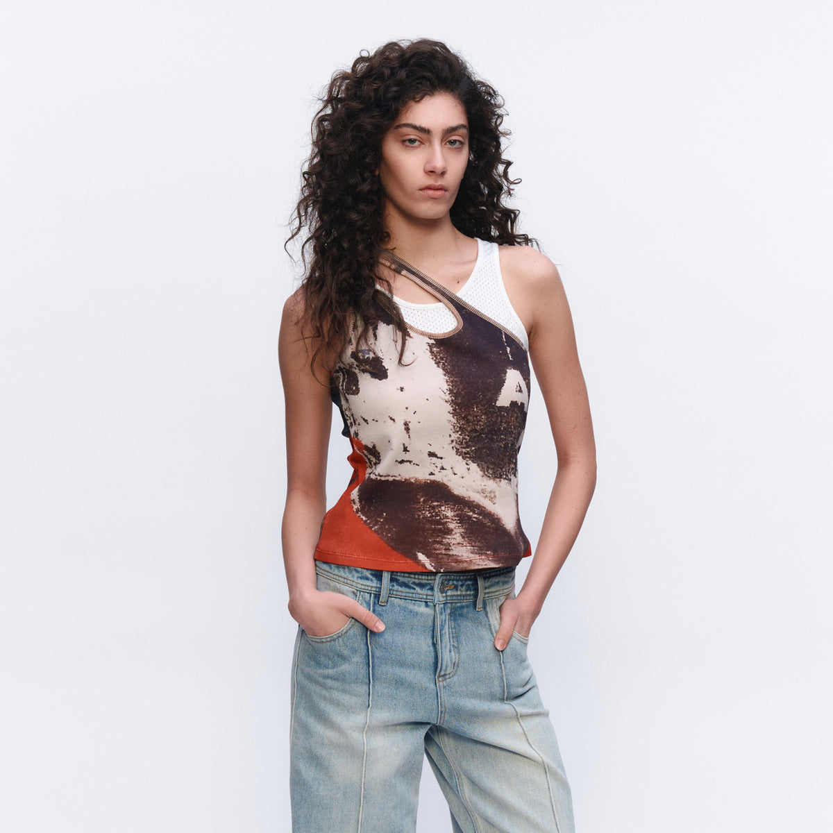 AURA LAND Deconstructed Contrast-Print Layered Tank Top