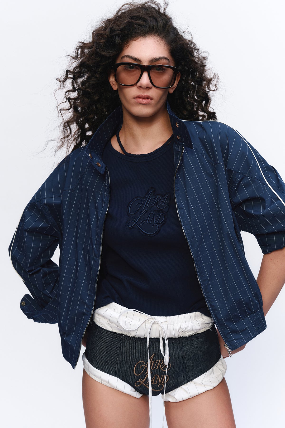 AURA LAND Striped Spliced Oversized Bomber Jacket