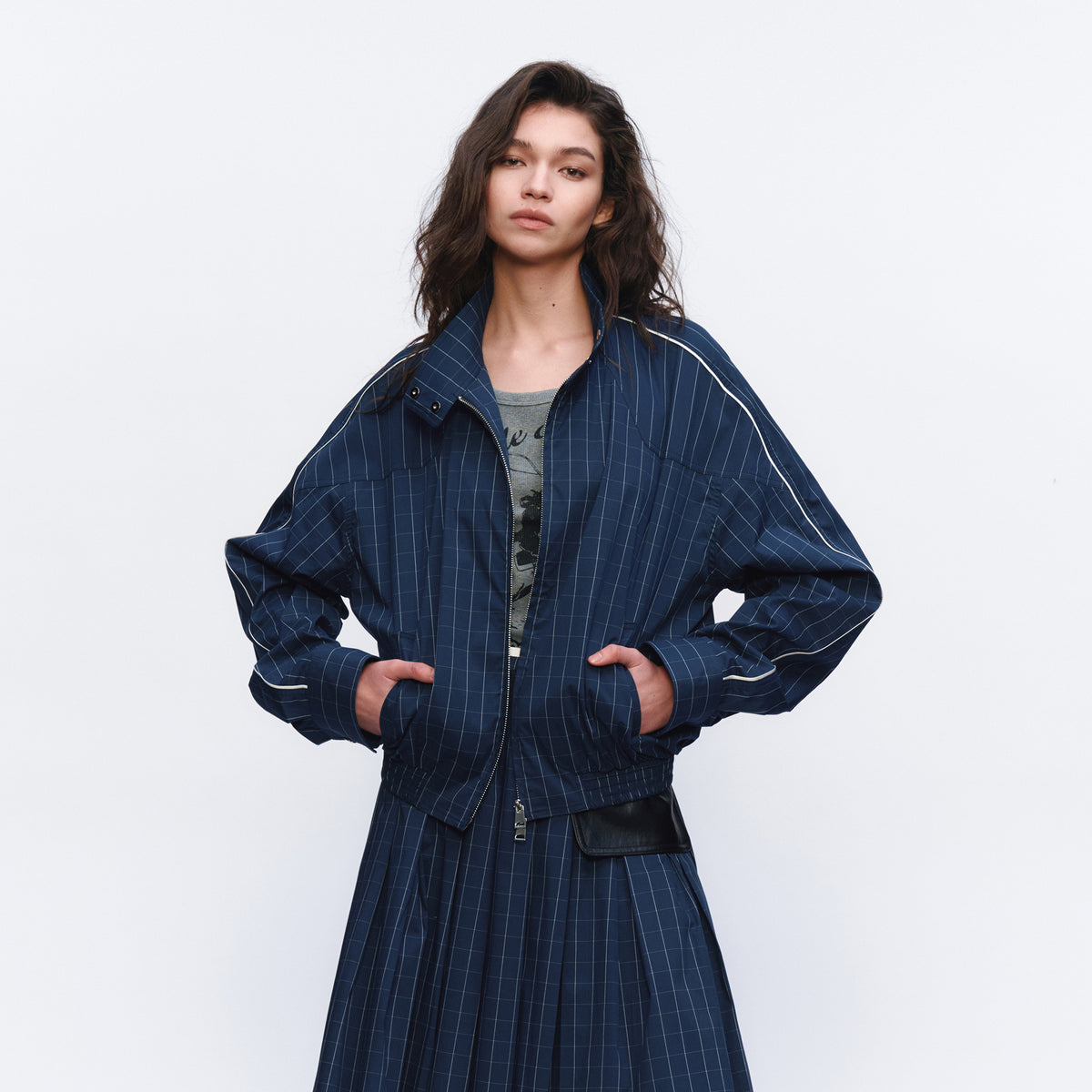 AURA LAND Striped Spliced Oversized Bomber Jacket