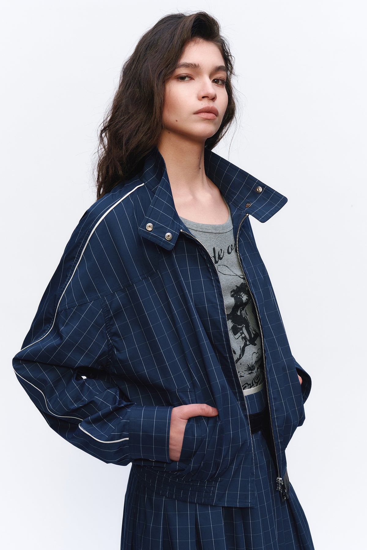 AURA LAND Striped Spliced Oversized Bomber Jacket