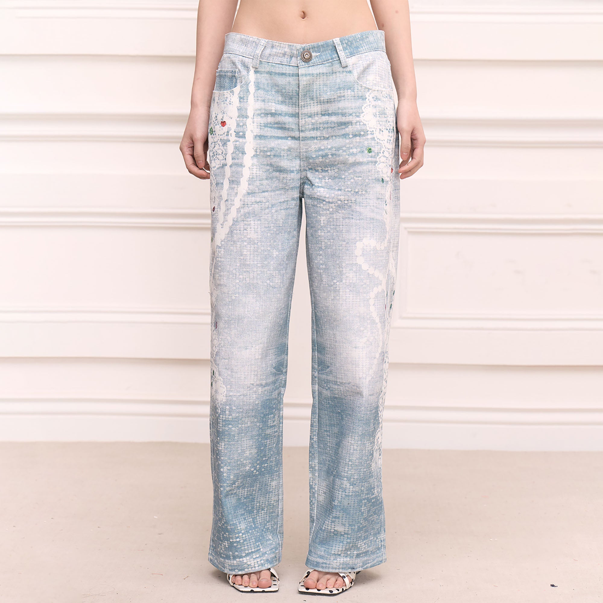 FAYCHUI Lace & Pearl Full-Print Straight-Leg Jeans
