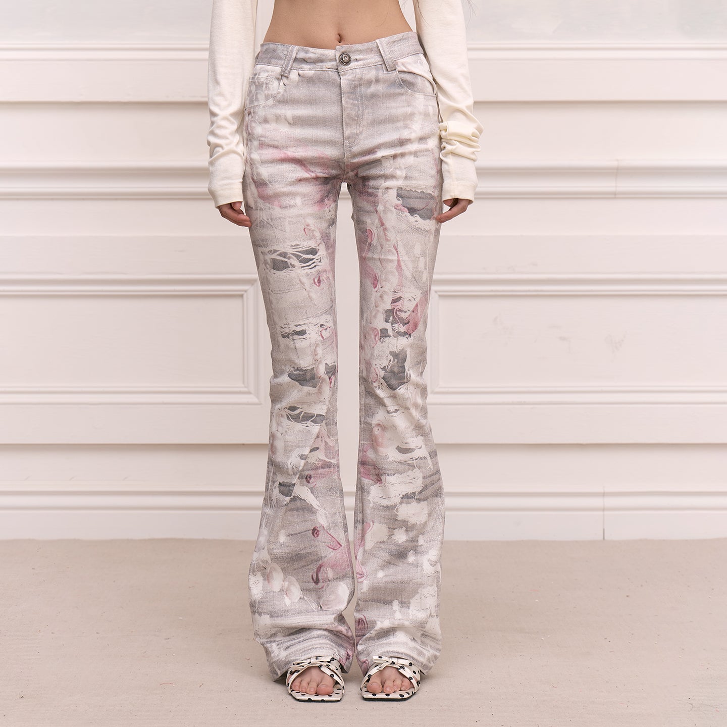 FAYCHUI Distressed Pearl Full-Printed Slim Flared Pants