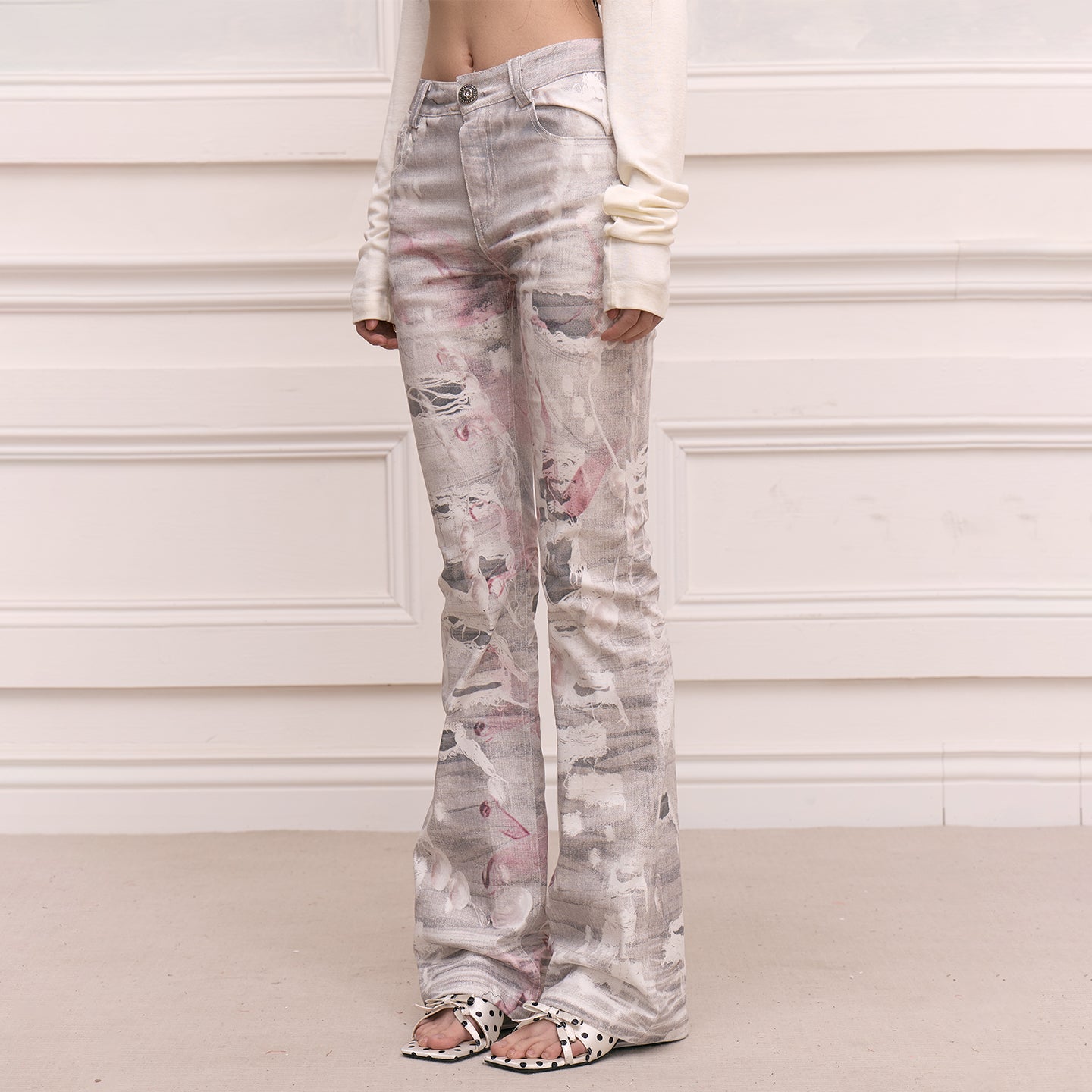 FAYCHUI Distressed Pearl Full-Printed Slim Flared Pants