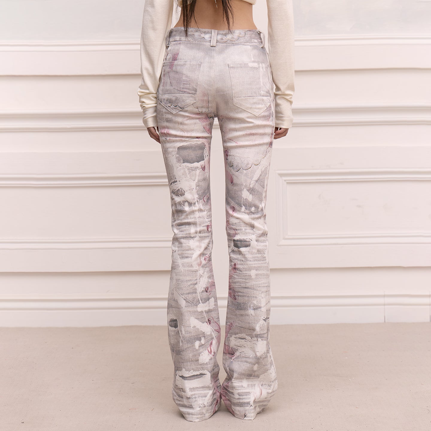 FAYCHUI Distressed Pearl Full-Printed Slim Flared Pants
