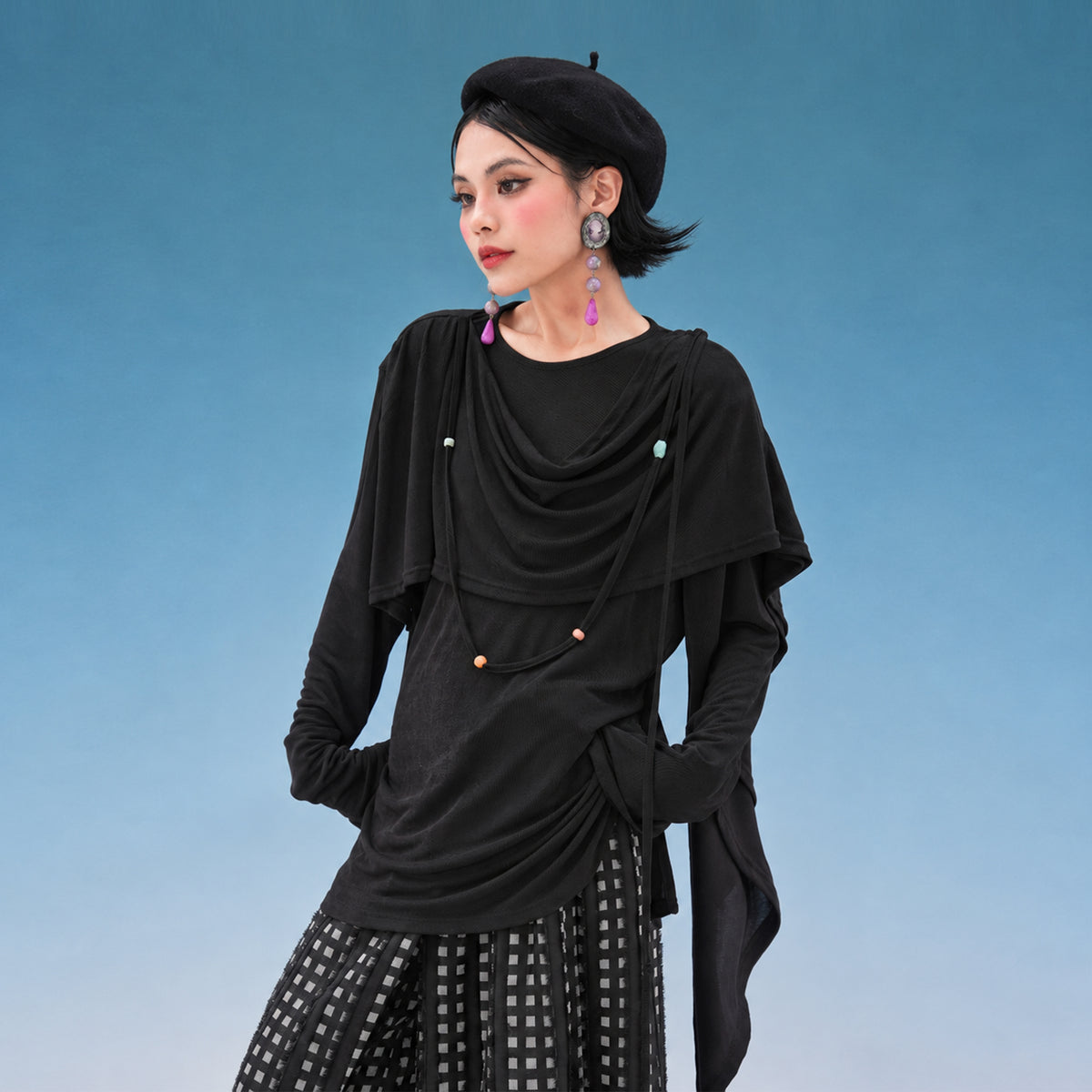 NOPMOB Draped Cape-Overlay Knit Long-Sleeve Top