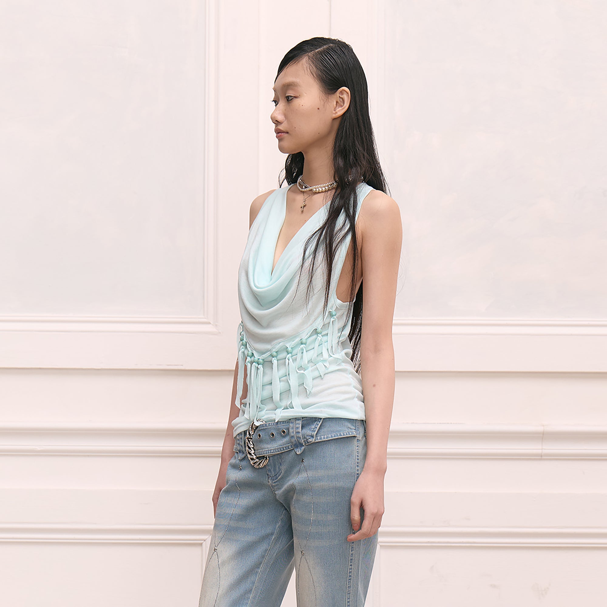 FAYCHUI Wool-Blend Pearl Fringe Drape Top