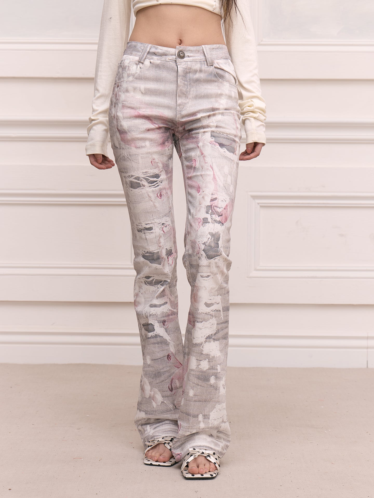 FAYCHUI Distressed Pearl Full-Printed Slim Flared Pants