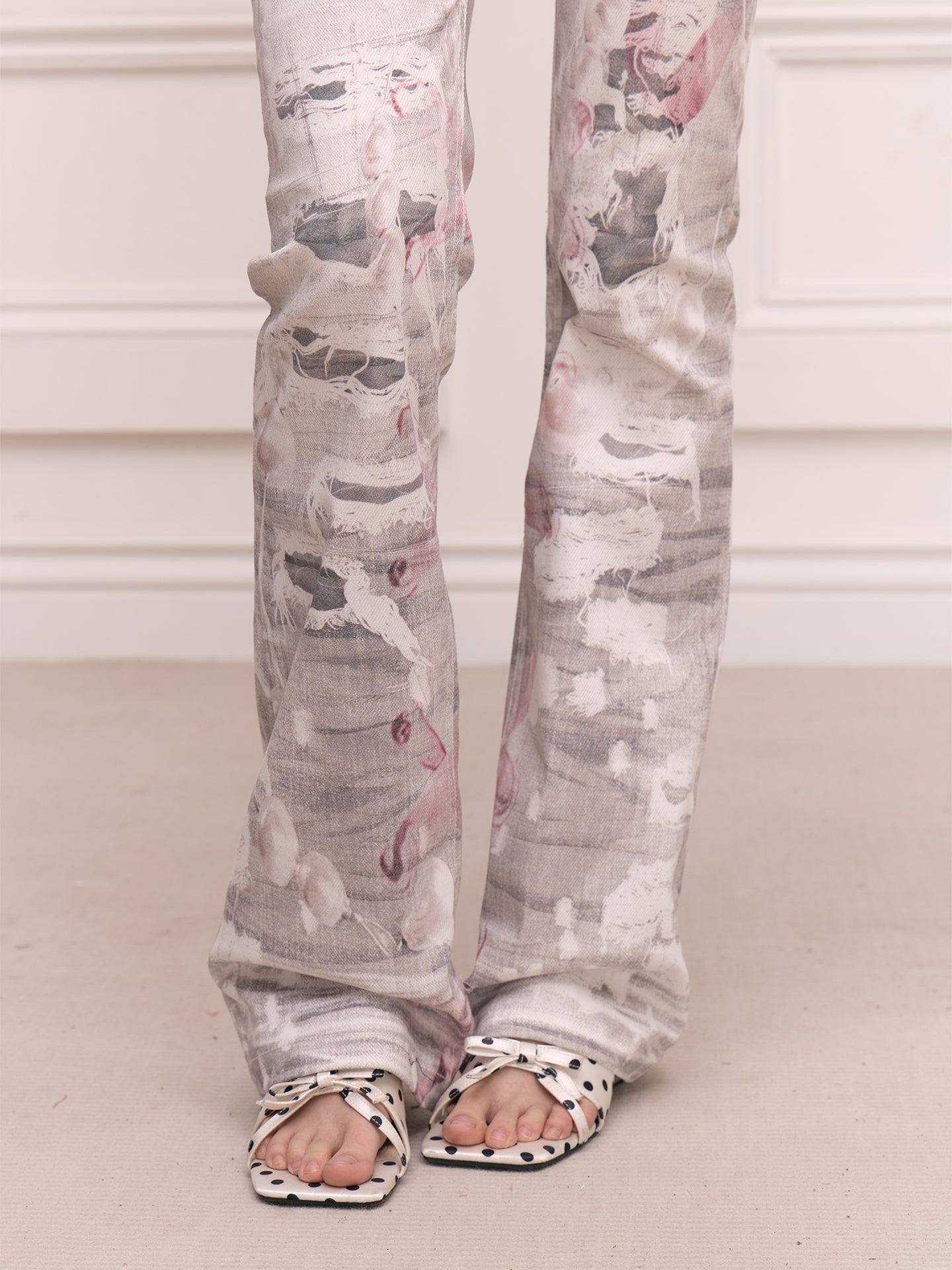 FAYCHUI Distressed Pearl Full-Printed Slim Flared Pants