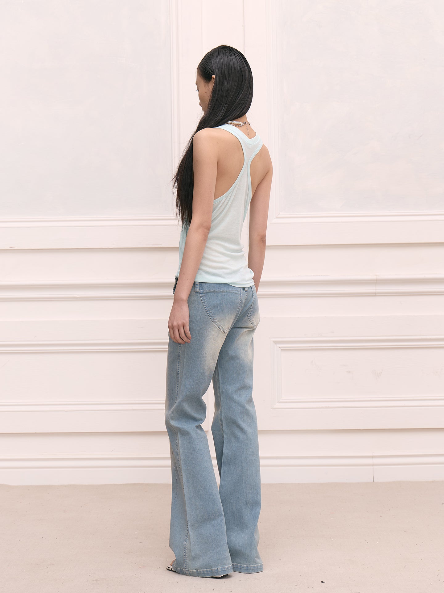 FAYCHUI Washed Diamond Belted Flared Jeans