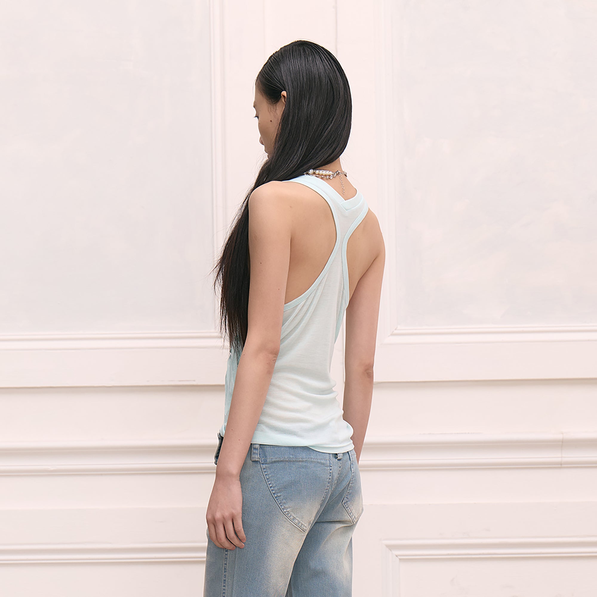 FAYCHUI Wool-Blend Pearl Fringe Drape Top
