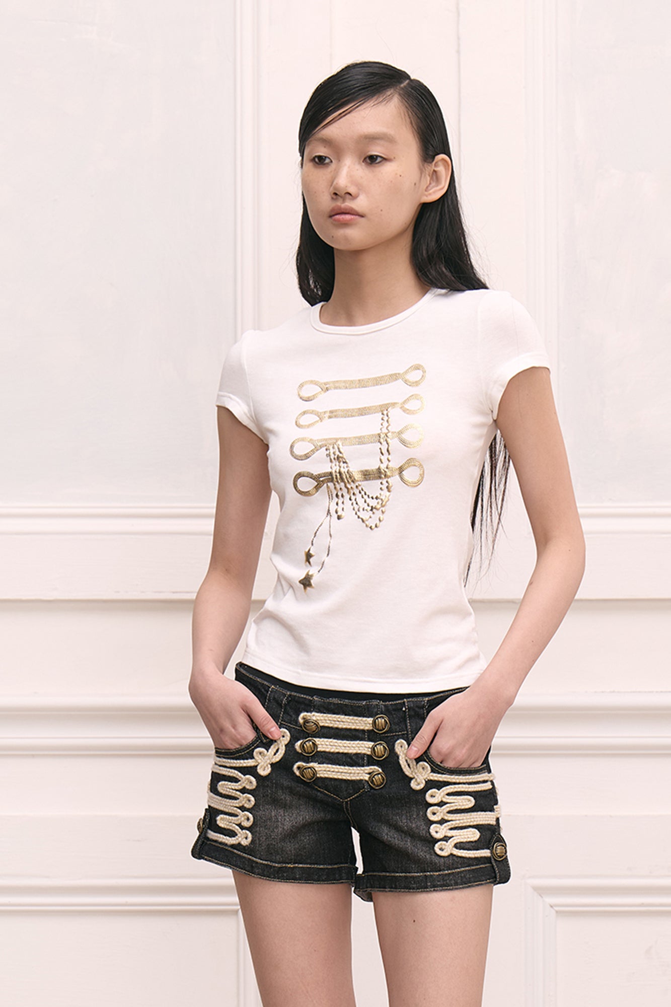 FAYCHUI Foil-Print Military Chain Graphic T-Shirt