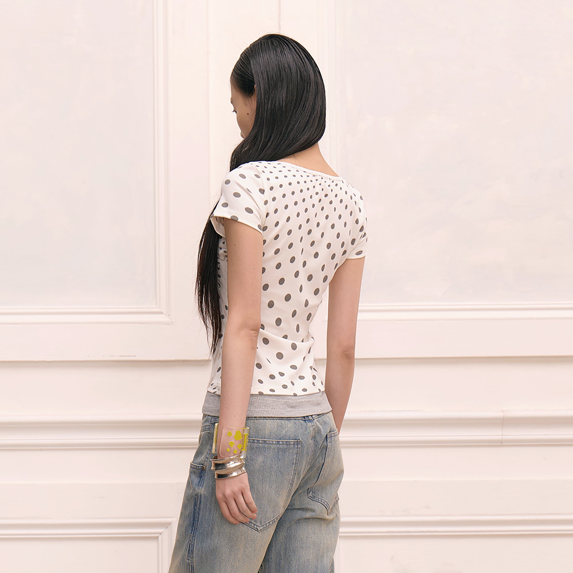 FAYCHUI Retro Polka Dot Faux-Layer Slim Tee