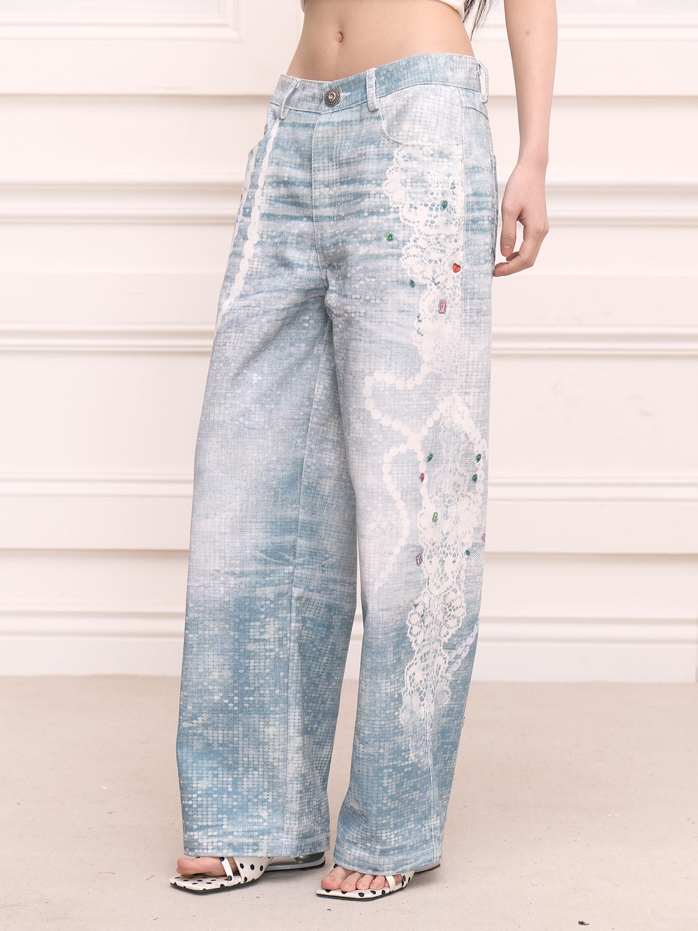 FAYCHUI Lace & Pearl Full-Print Straight-Leg Jeans