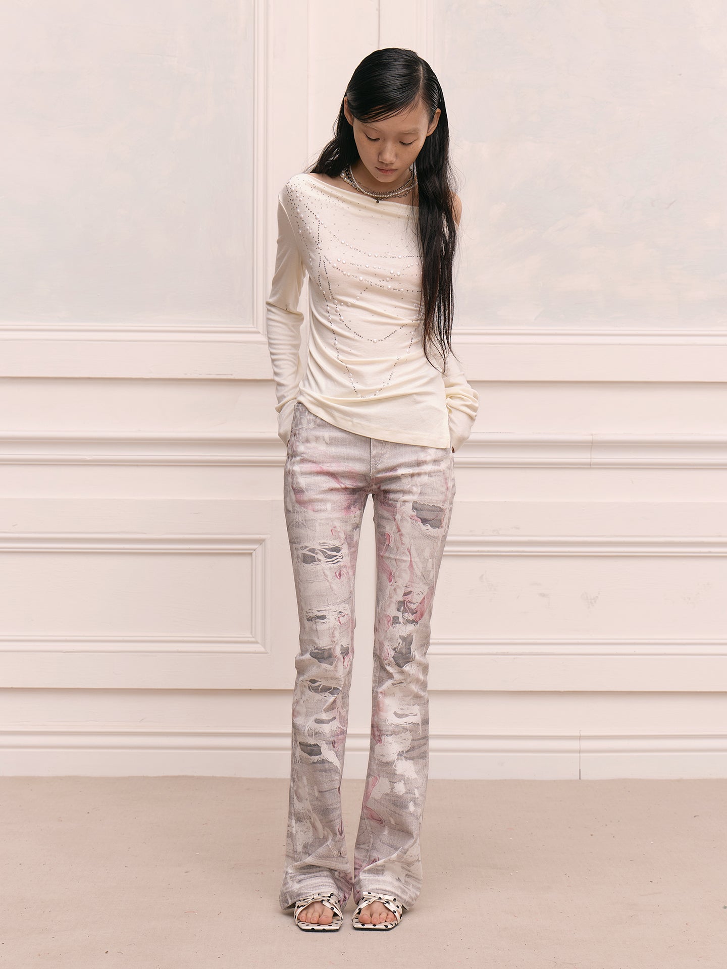FAYCHUI Distressed Pearl Full-Printed Slim Flared Pants