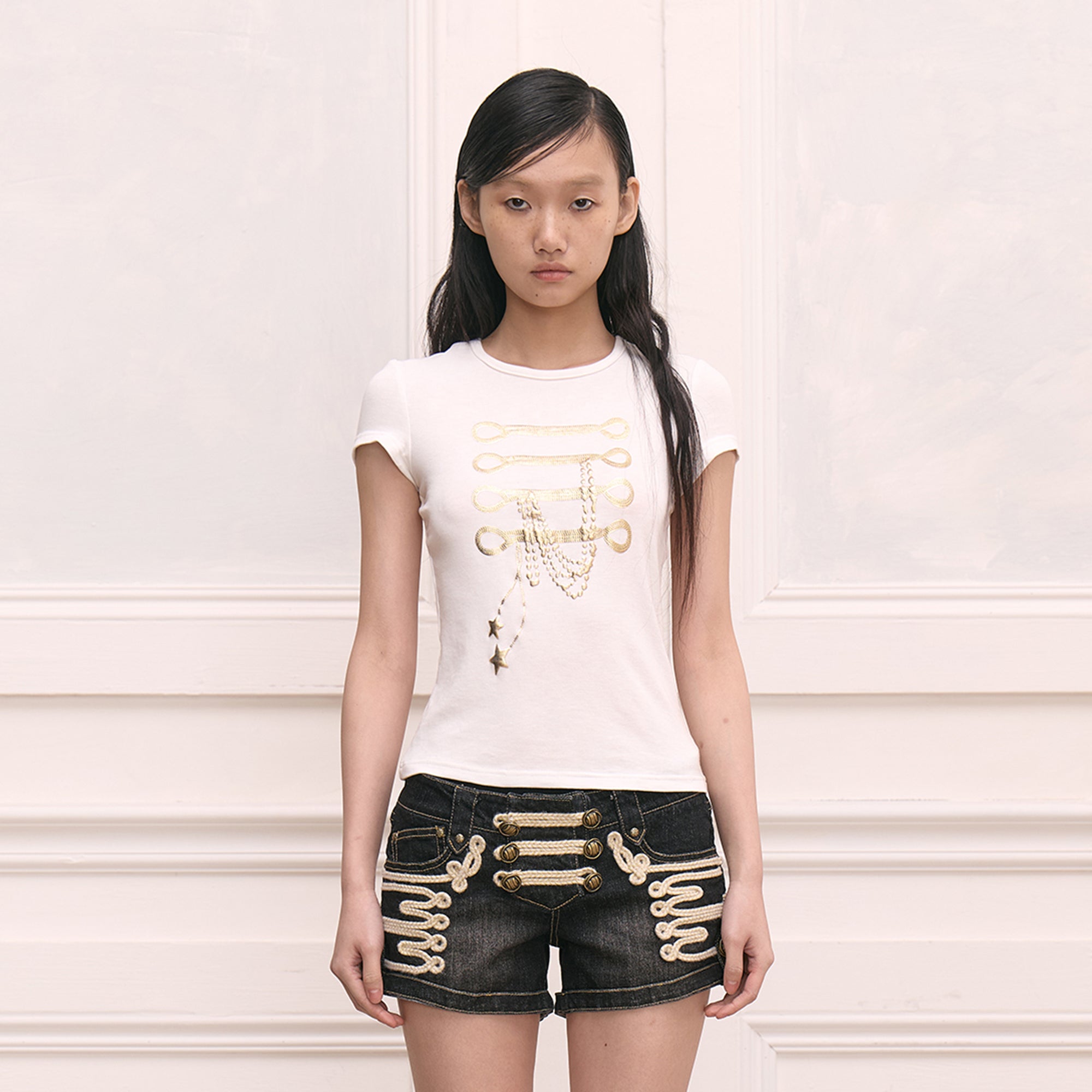 FAYCHUI Foil-Print Military Chain Graphic T-Shirt