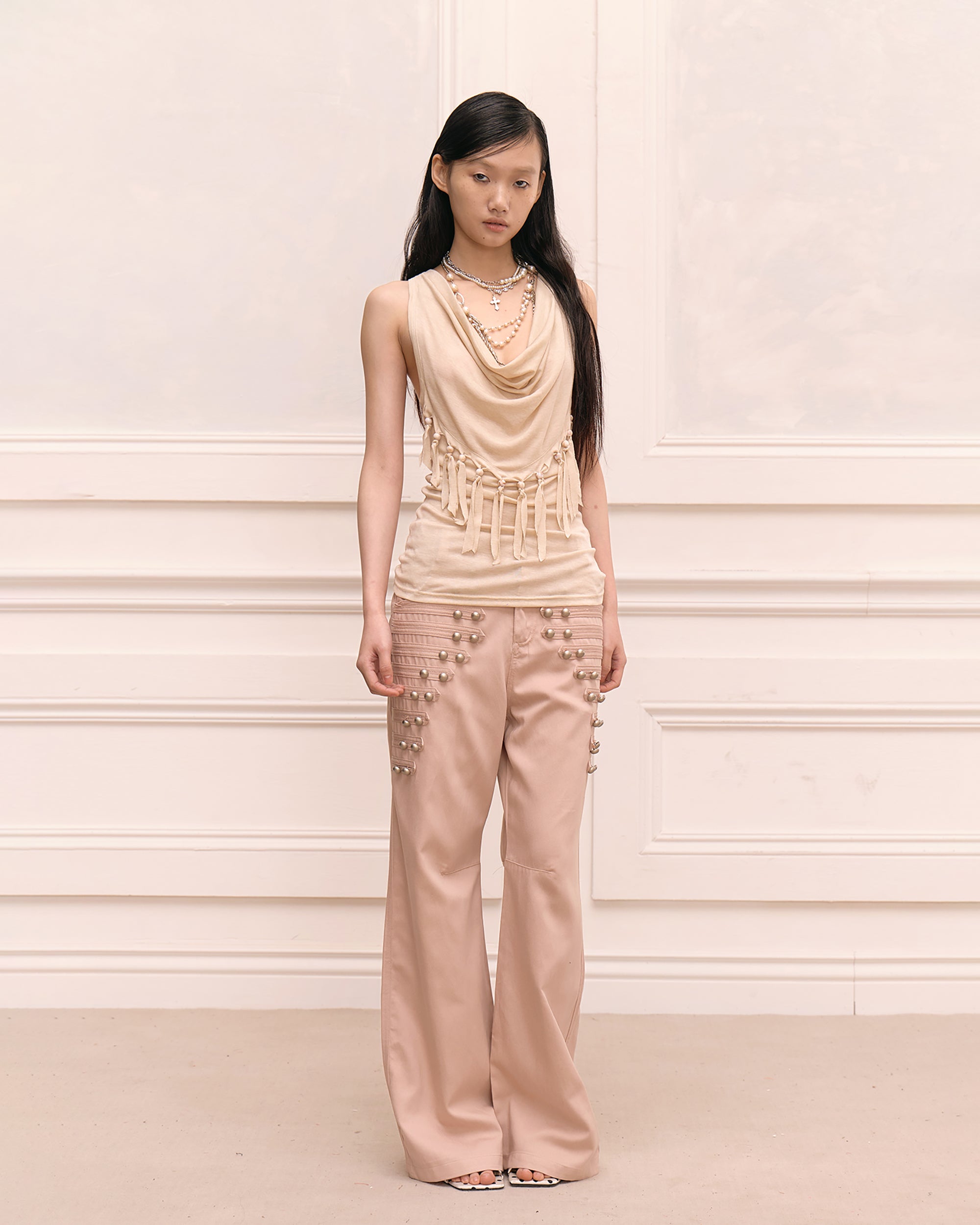 FAYCHUI Wool-Blend Pearl Fringe Drape Top