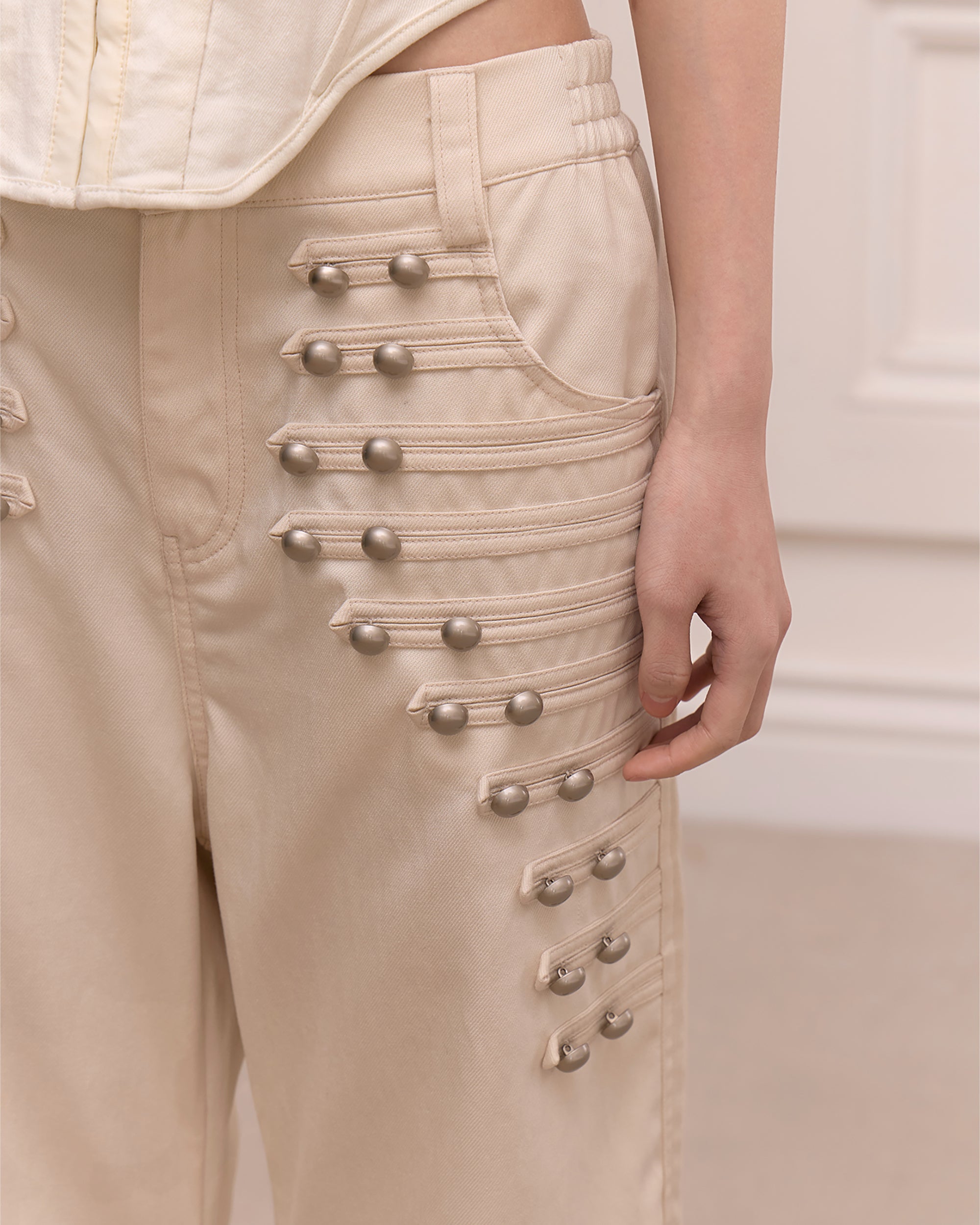 FAYCHUI Retro Metal Studded Wide-Leg Trousers