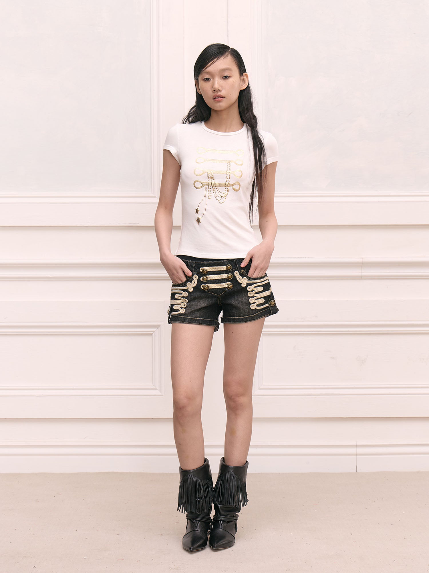FAYCHUI Military Hussar Denim Shorts