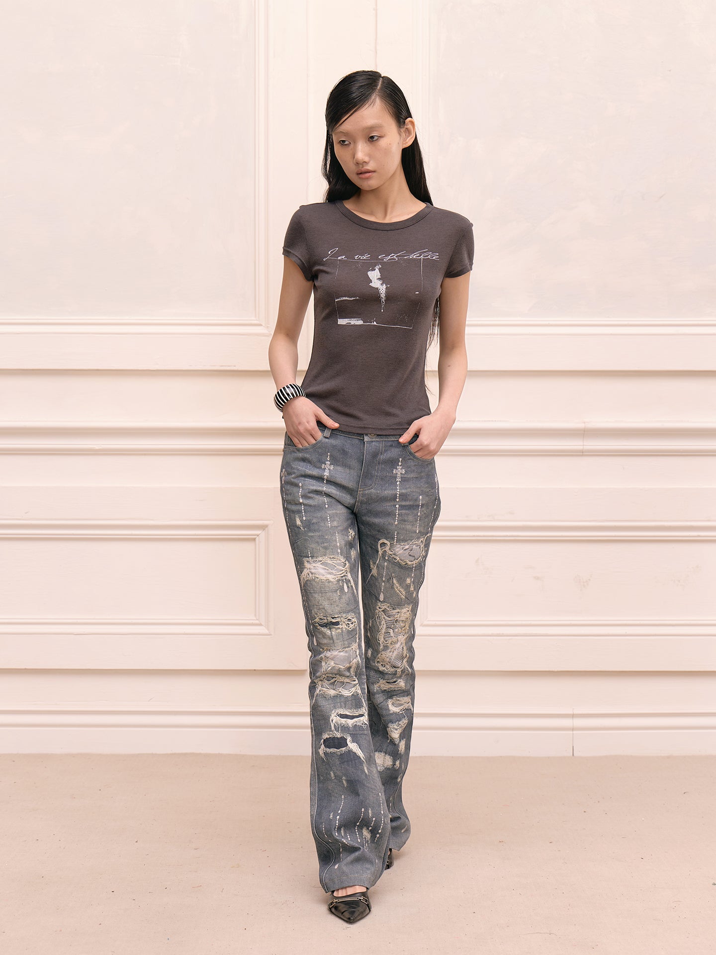 FAYCHUI Distressed Diamond Slim Flared Pants