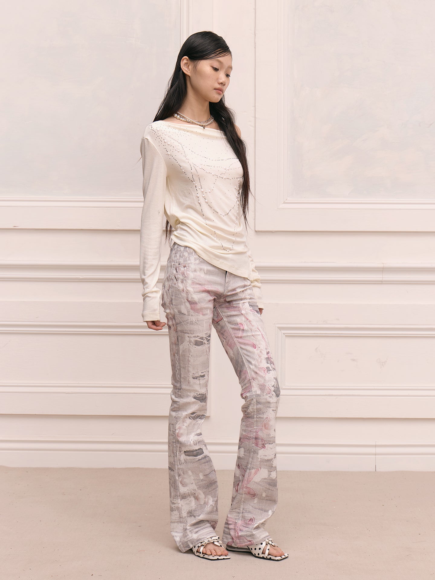 FAYCHUI Distressed Pearl Full-Printed Slim Flared Pants