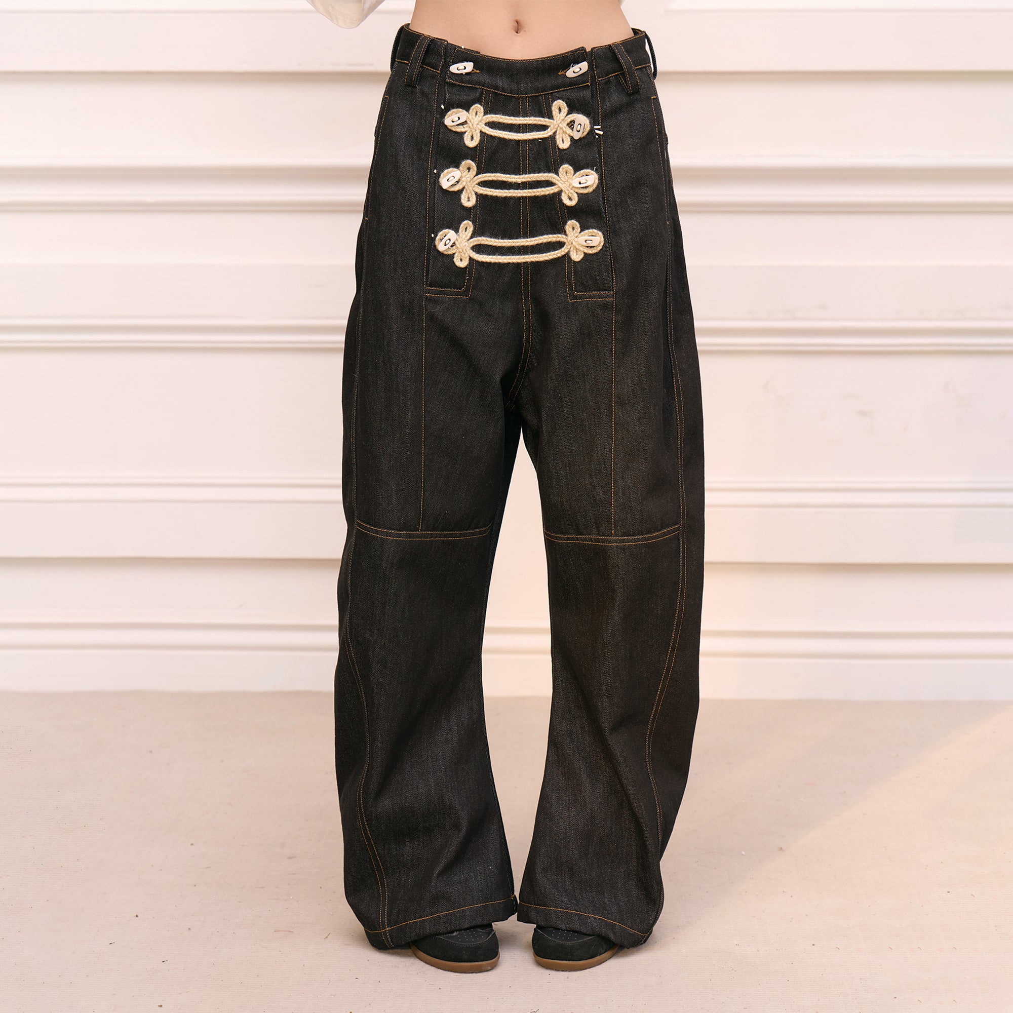 FAYCHUI Palace Knot Placket Raw Denim Jeans
