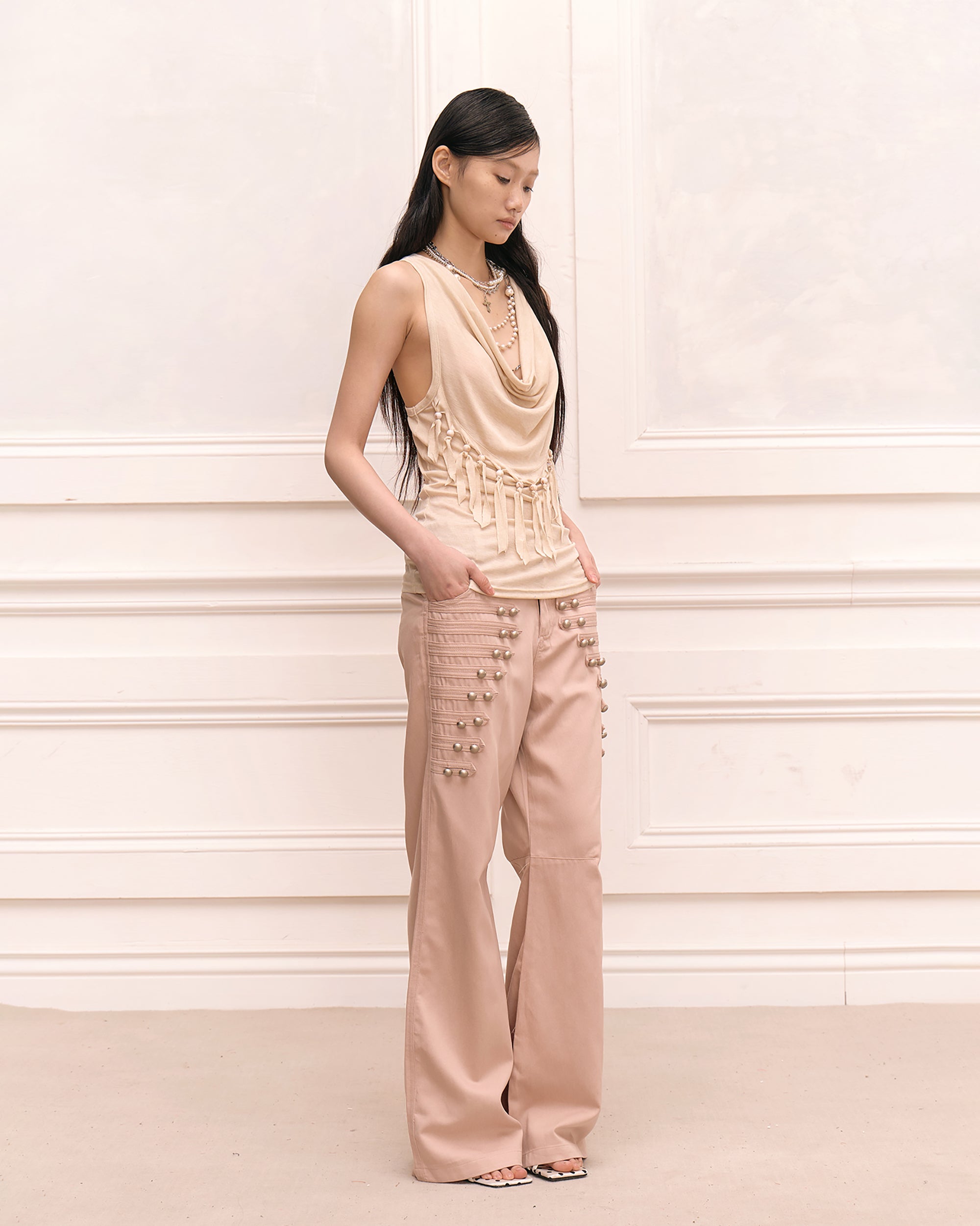 FAYCHUI Retro Metal Studded Wide-Leg Trousers