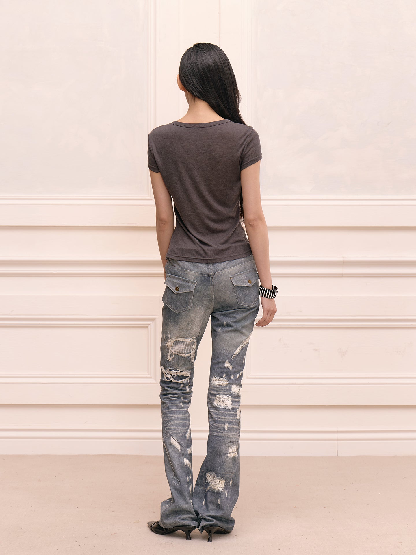 FAYCHUI Distressed Diamond Slim Flared Pants