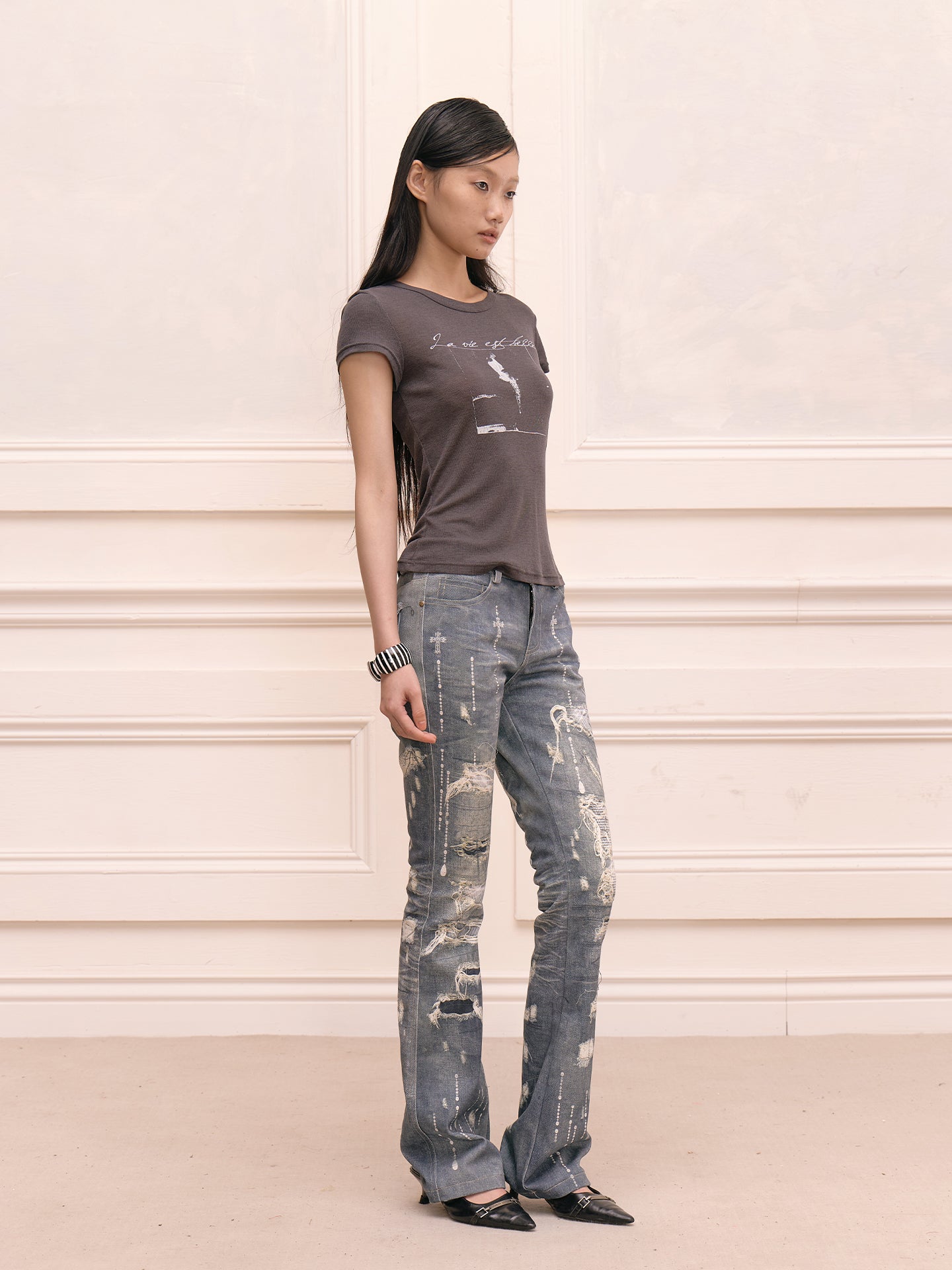 FAYCHUI Distressed Diamond Slim Flared Pants