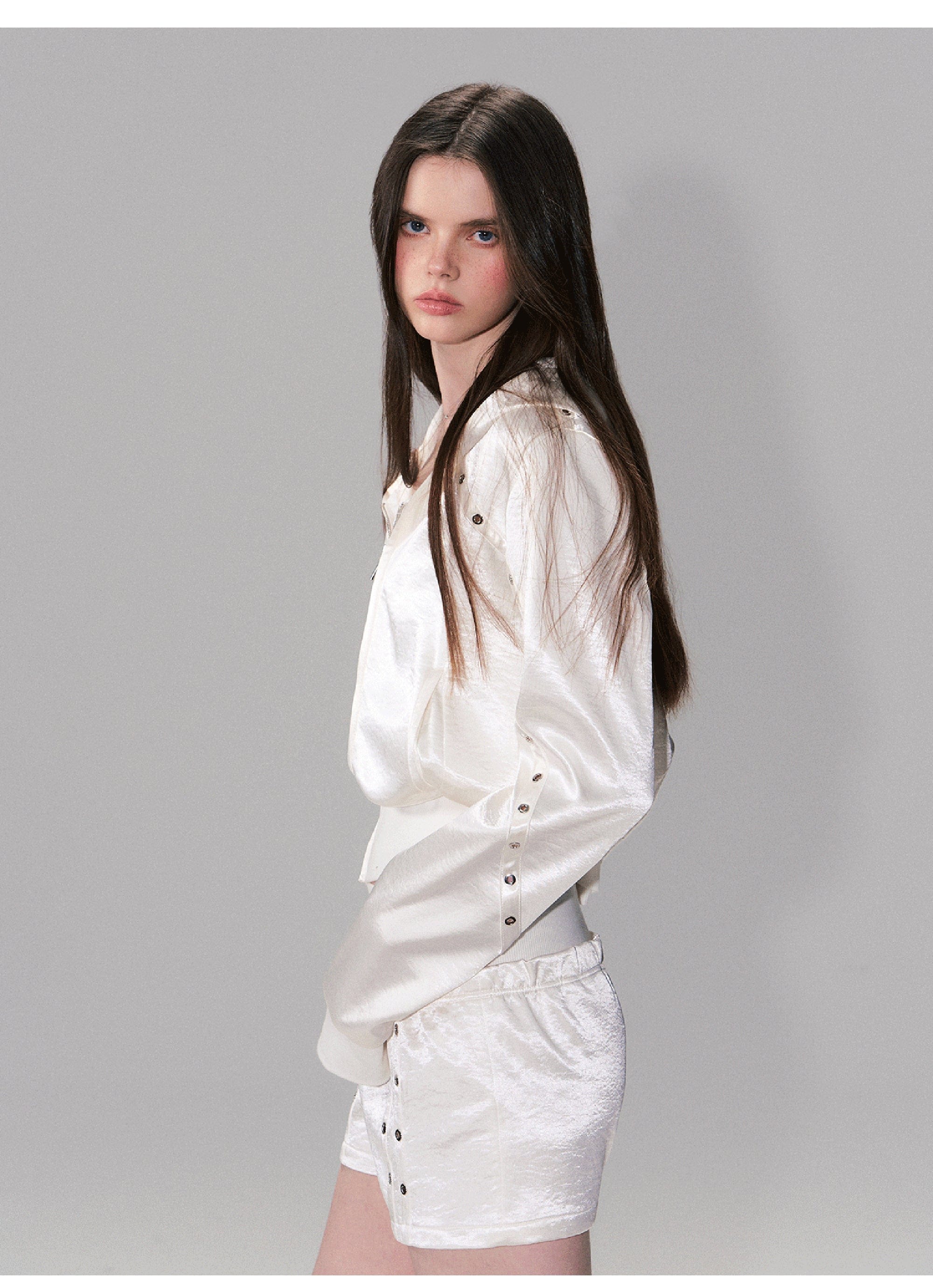 THE NEVERMORE Satin Grommet-Stud Hooded Jacket & Shorts Set