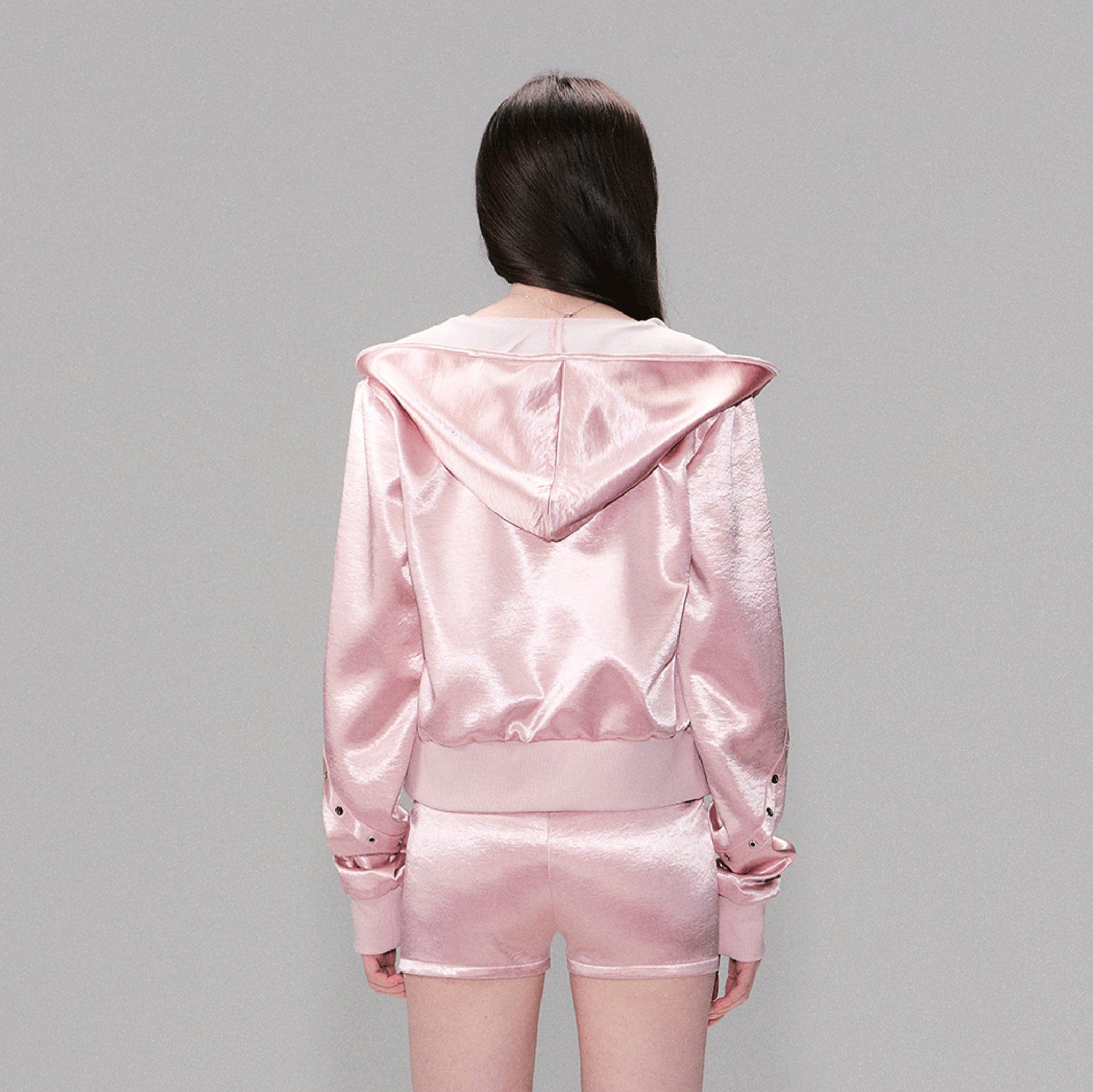 THE NEVERMORE Satin Grommet-Stud Hooded Jacket & Shorts Set