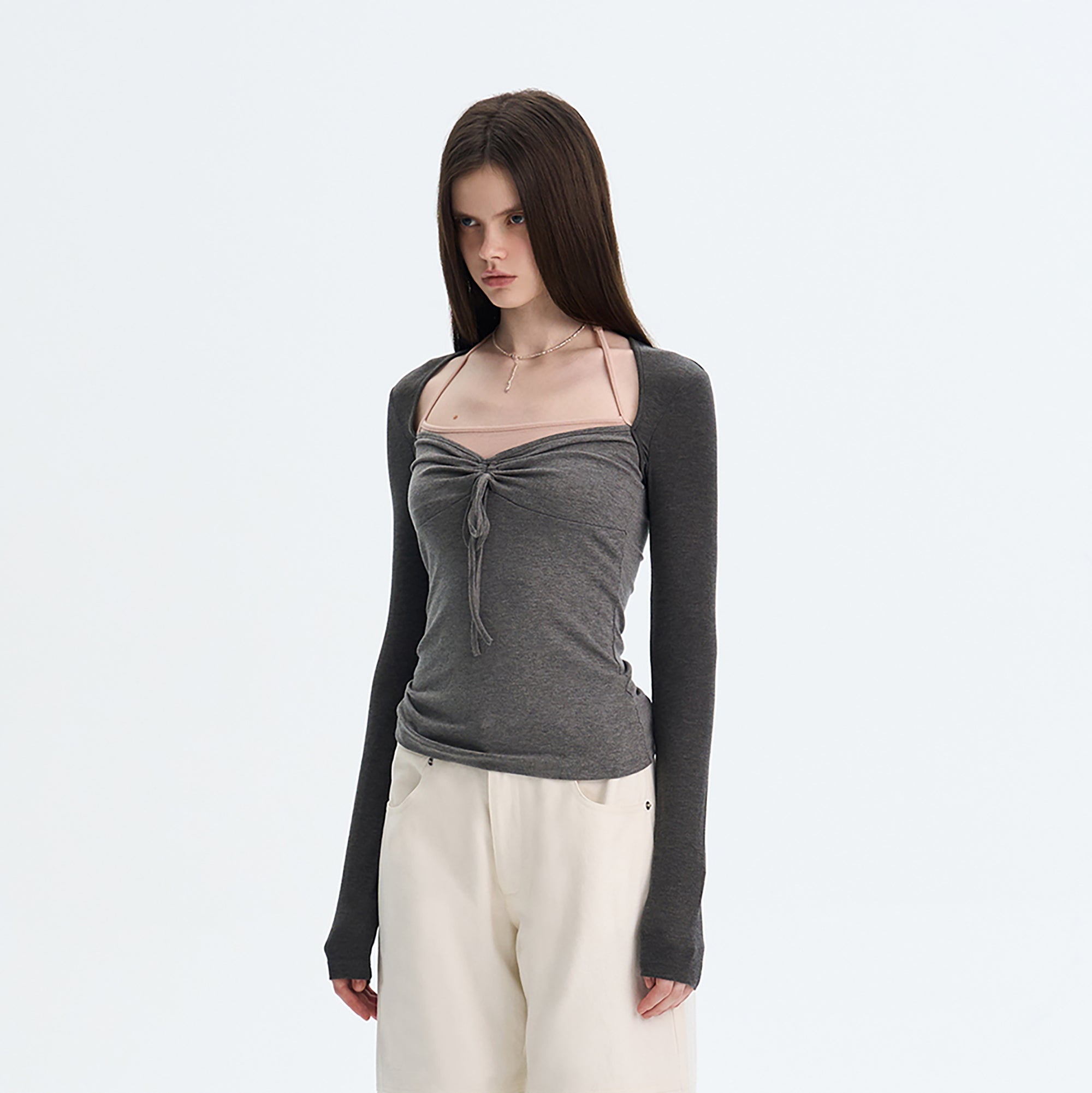 THE NEVERMORE Contrast Layered Tie-Front Long-Sleeve Top