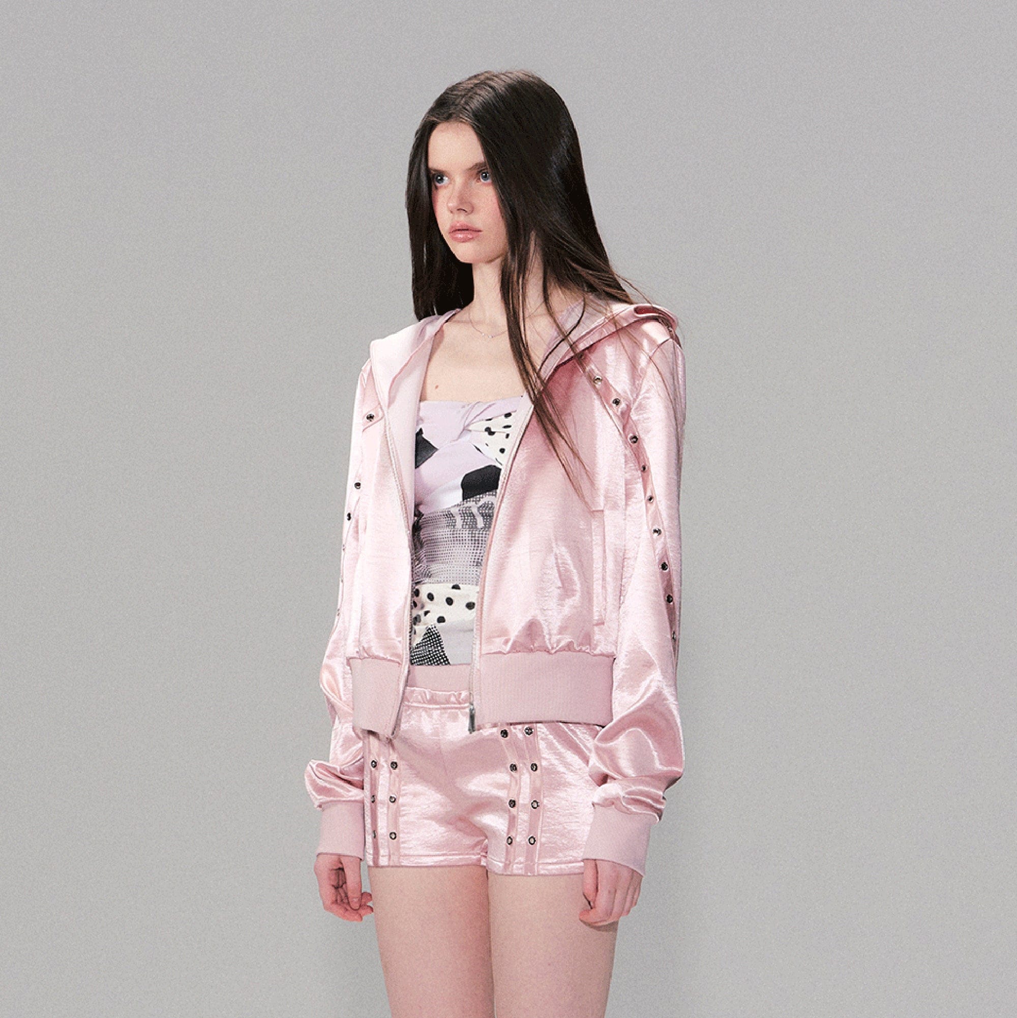 THE NEVERMORE Satin Grommet-Stud Hooded Jacket & Shorts Set