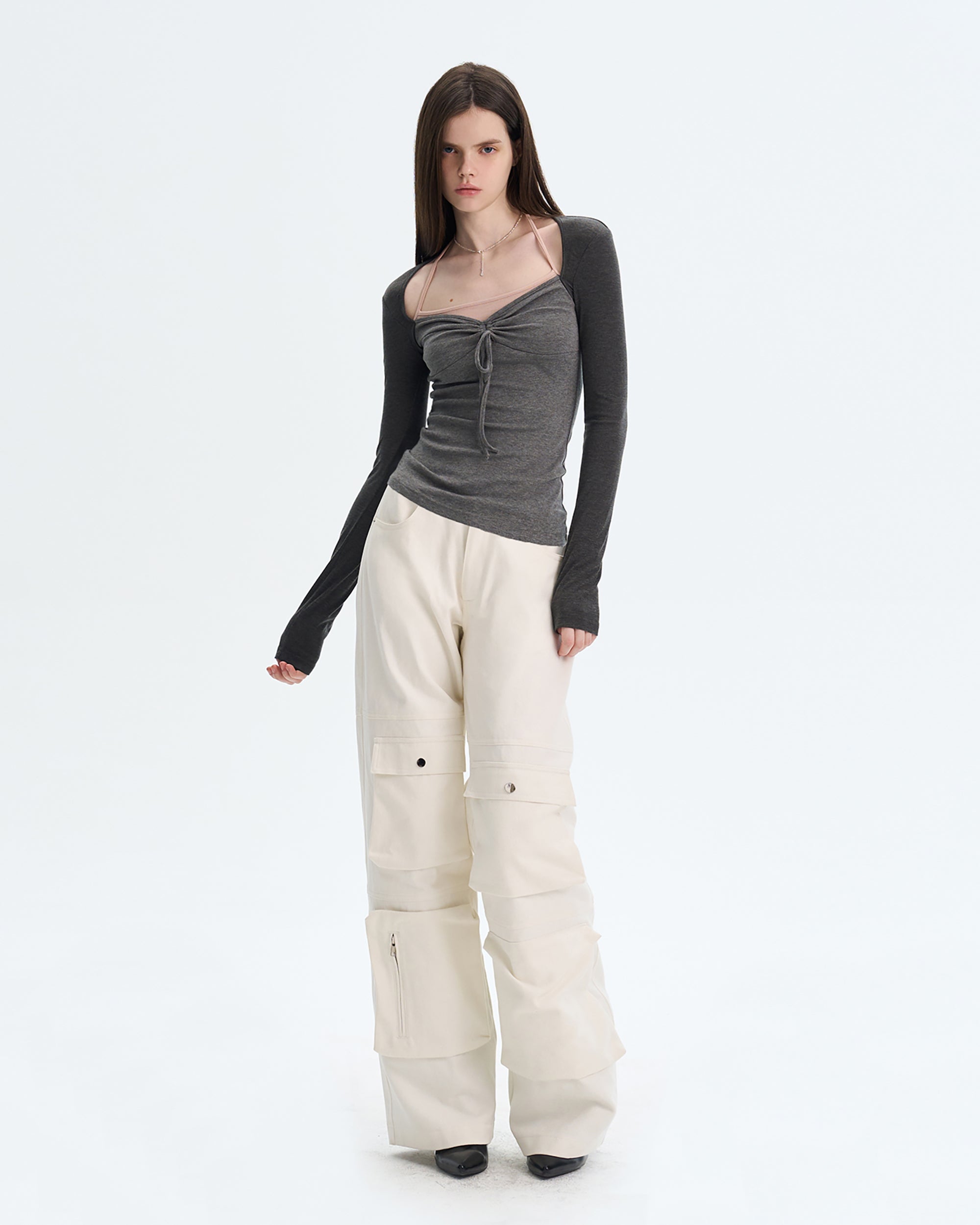 THE NEVERMORE Contrast Layered Tie-Front Long-Sleeve Top